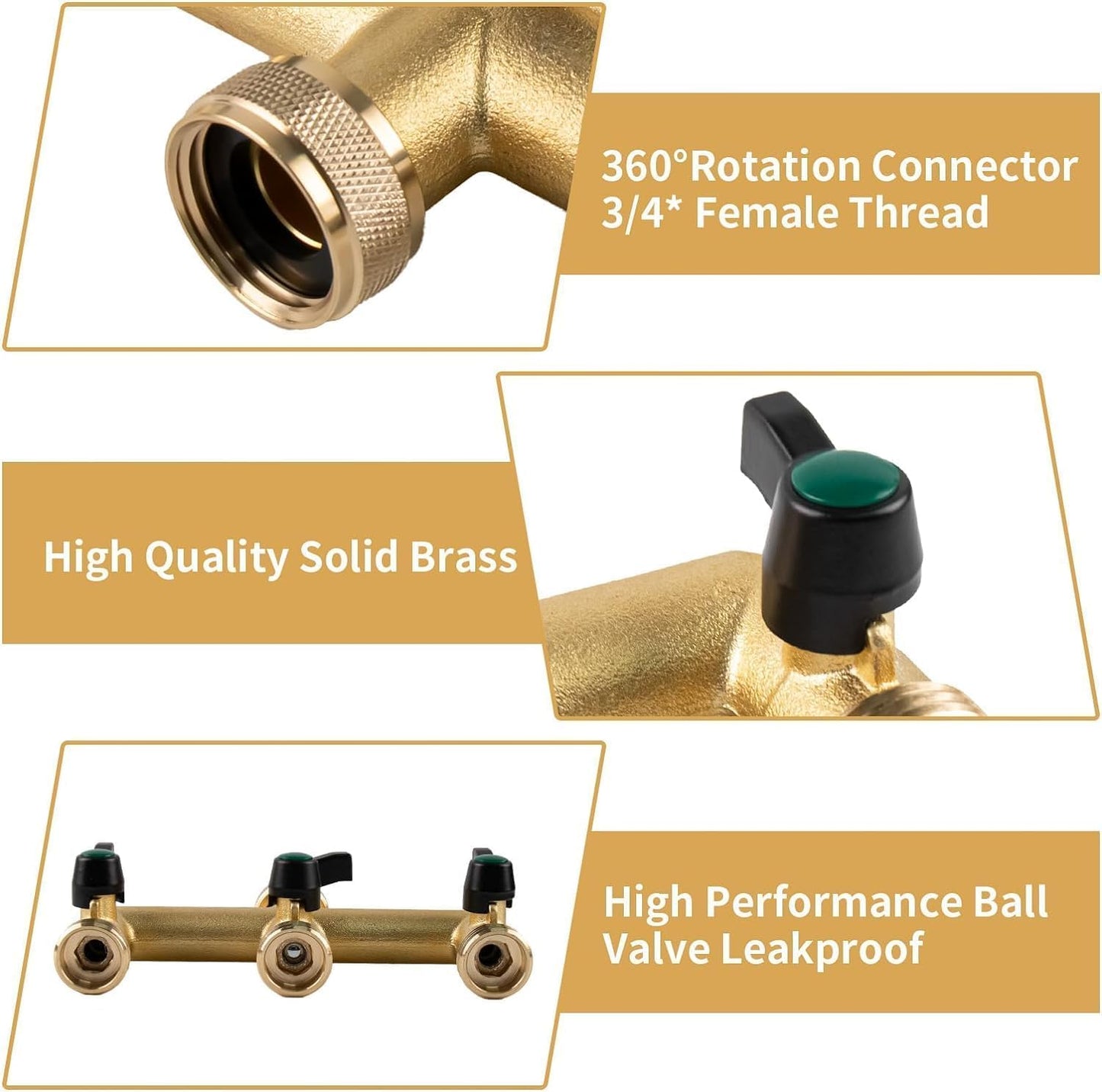 Hose Splitter, 3 Way Heavy Duty Brass Garden Hose Splitter, Outdoor Faucet Splitter, for 3/4" Hose Connector, Hose Spigot Adapter with 3 Individual ON/Off Valves