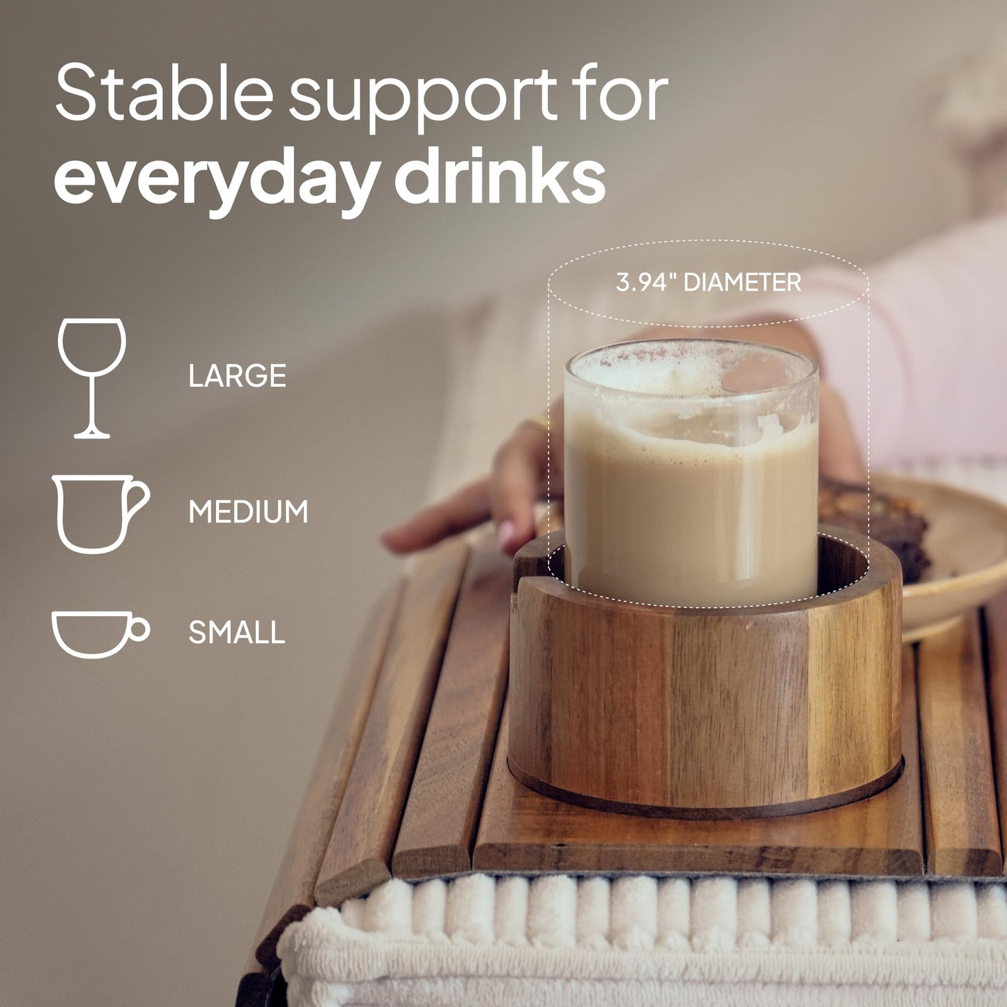 Acacia Couch Arm Tray for Drinks and Snacks with Detachable Cup Holder, Anti Slip Base and Foldable Design, Wooden Sofa Arm Tray for Convenient Couch Side Use