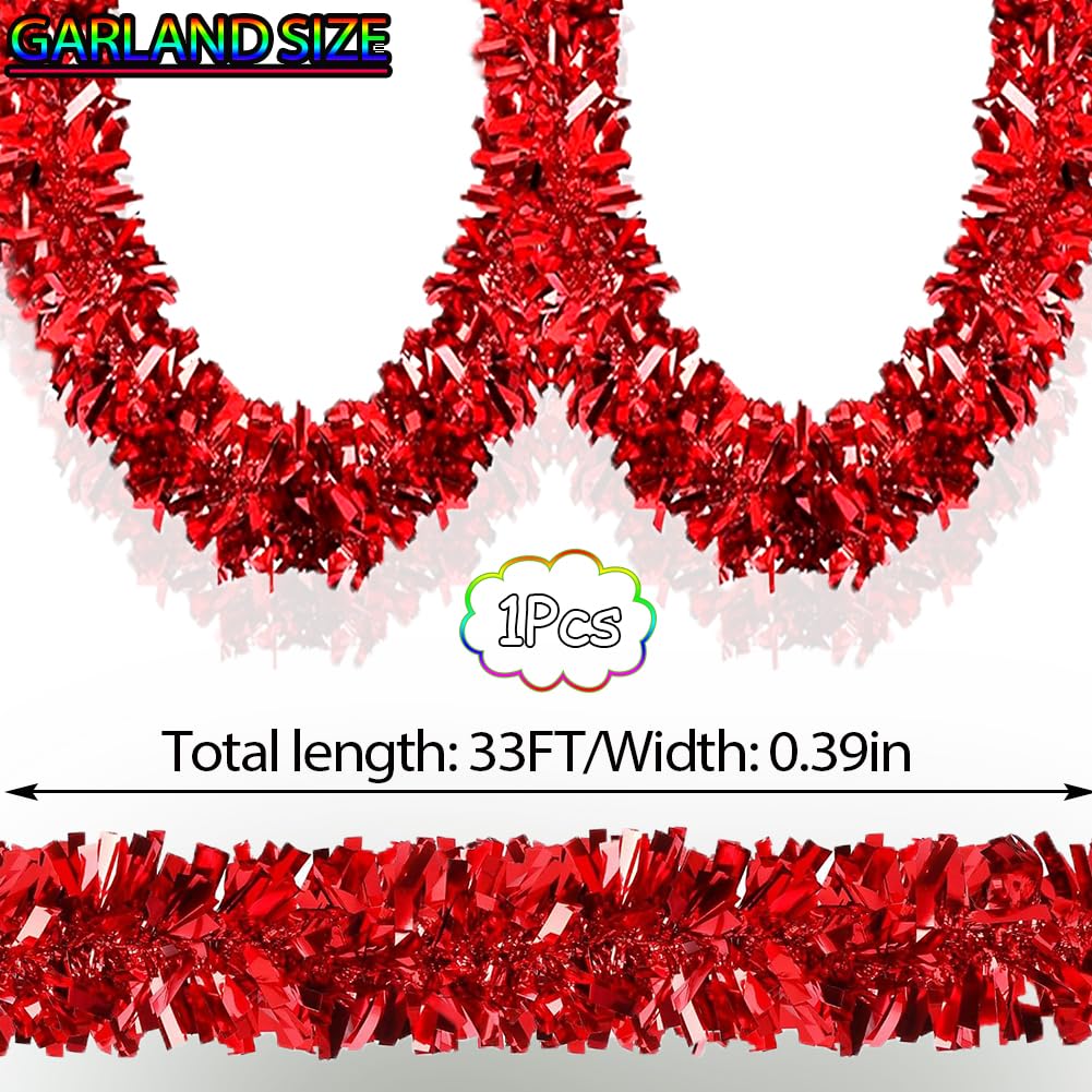 33Ft Christmas Tinsel Garland Shiny Thick Red Tinsel Decor Xmas Tree Decorations Metallic Twist Foil Garland for Birthday Thanksgiving Day New Year Parties Indoor Outdoor Party Supplies - Red