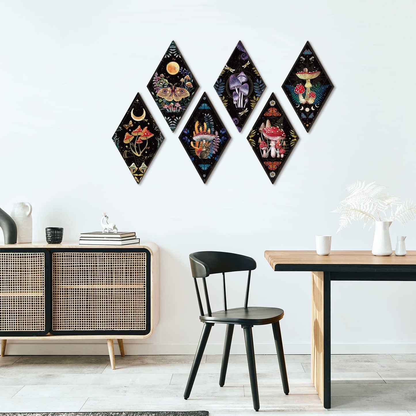 Sintuff 6 Pieces Gothic Wall Decor Boho Sun Moon Phases Wall Art Gothic Minimalist Stars Sun Hanging Wooden Home Decor Farmhouse Pediments for Gallery Living Bedroom Room(Mushroom)
