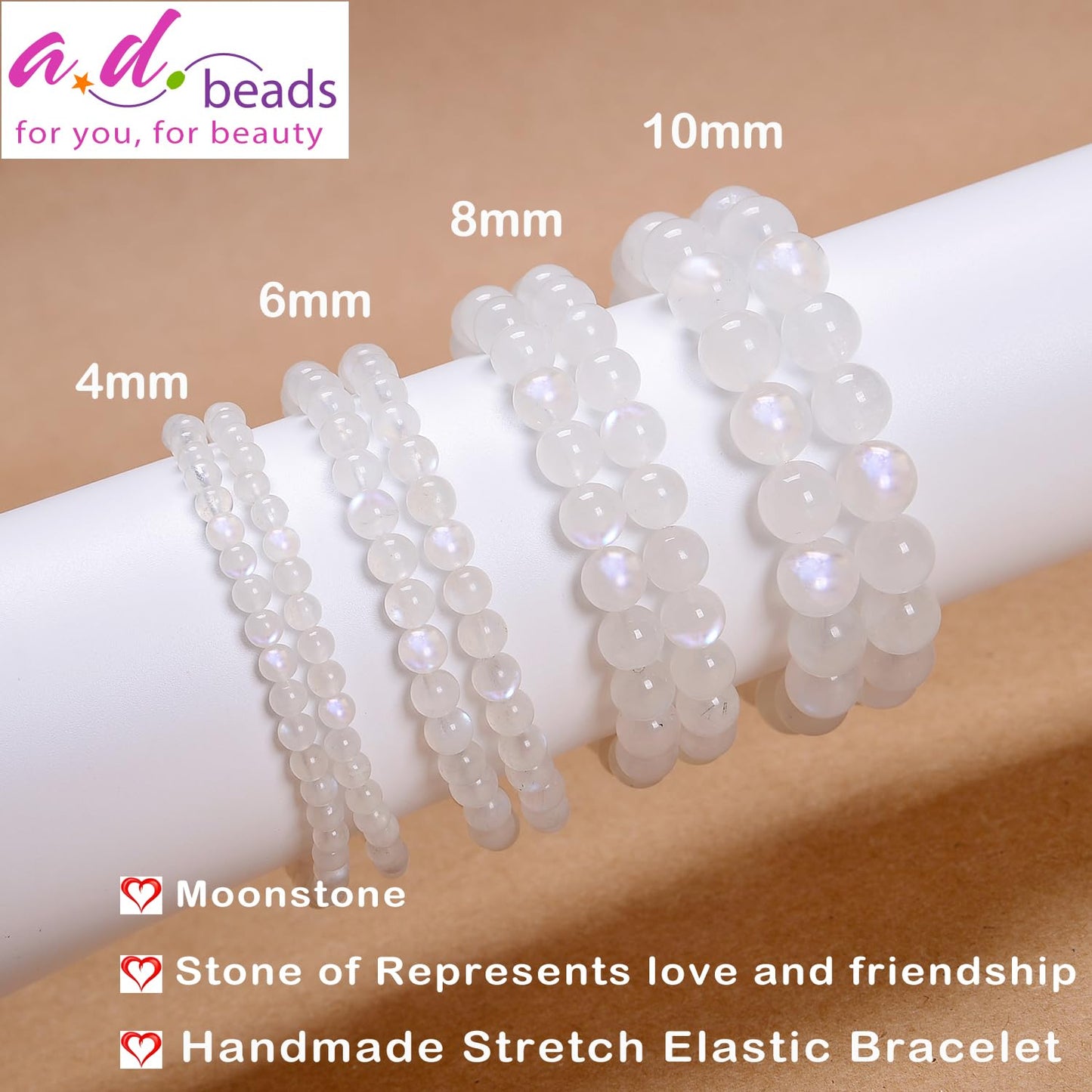 AD Beads Handmade Gemstone Stretch Elastic Bracelet Crystal Healing Reiki Nature's Beauty and Spiritual Essence Unisex (10mm, Moonstone (Love and Friendship))