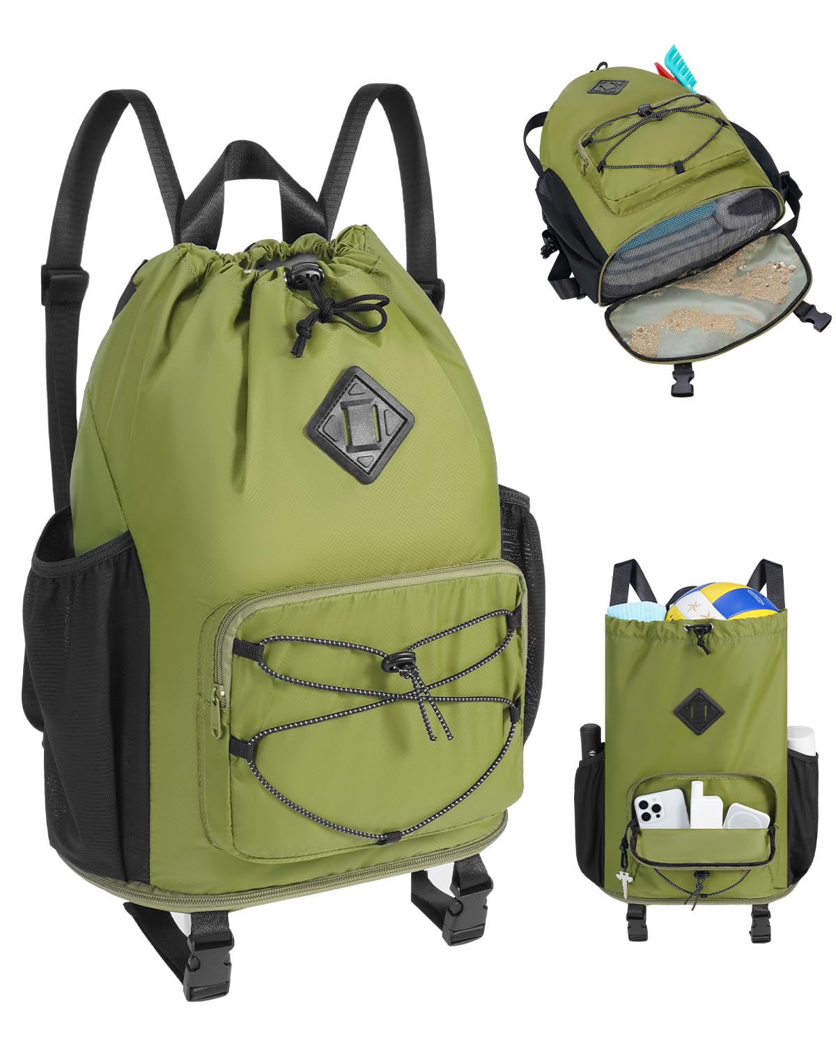 WANDF Drawstring Backpack with Removable Wet Pocket, Sandproof Beach Backpack with Bottom Compression Strap for Beach Mat, Swim Bag for Pool, Gym, Travel and Workout Gear (Dark Green)