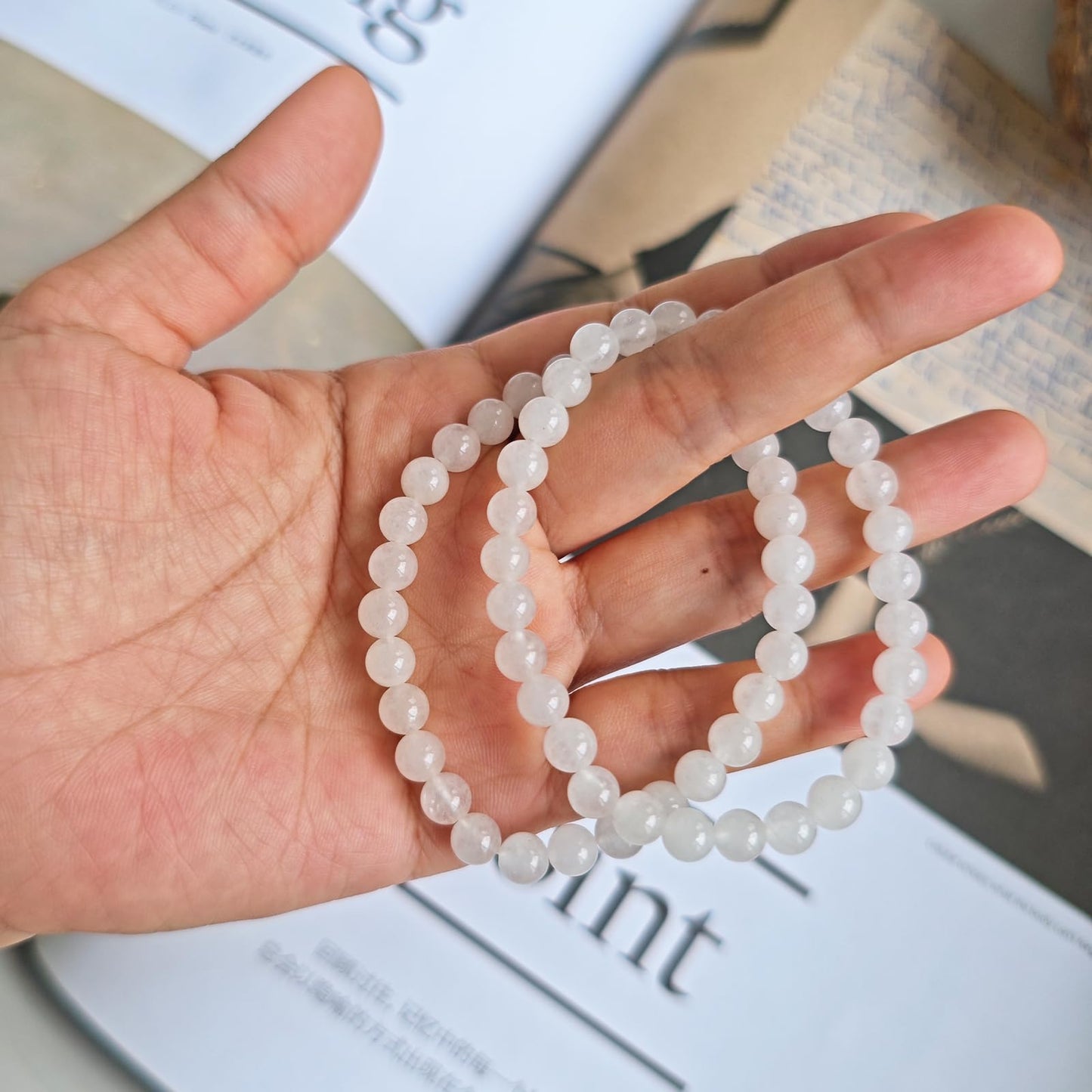 CHCCOYE 6mm Natural Healing Gemstone Bracelet Handmade Yoga Stretch Elastic Bracelet Stress Relief Crystal Jewelry for Men and Women (6mm, White jade)