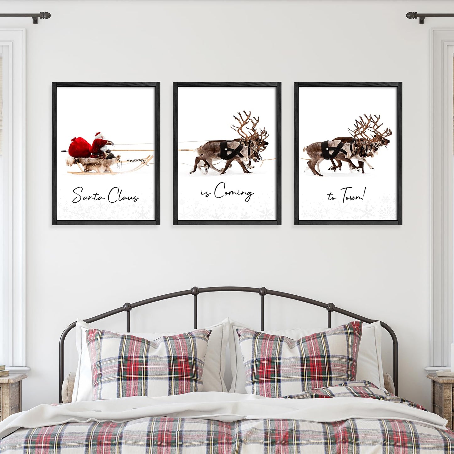 LITIVY Christmas Wall Art Prints - Set of 3 Santa Claus with Sleigh Deer for Home Decor - Xmas Sign - 12x16in - Black