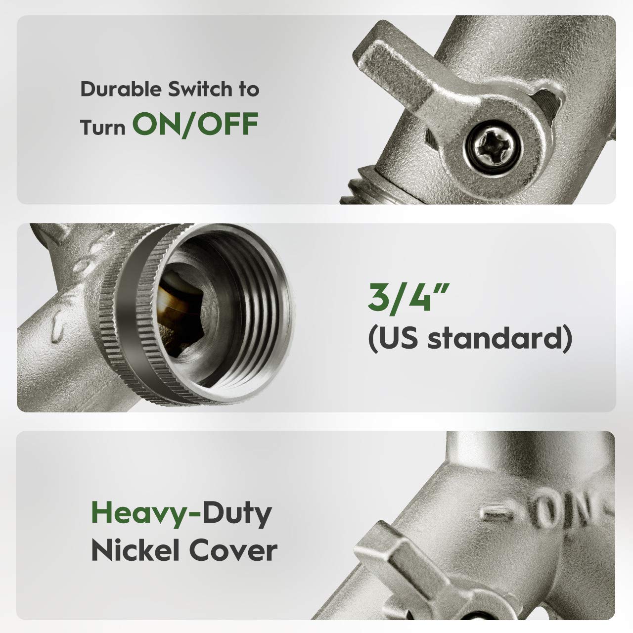 Solifo Nickel Plated Solid Brass Garden Hose Splitter, Heavy Duty 2 Way Y Faucet Adapter with Dual Shut Off Valves, Leak Proof 3/4 Inch Hose Bib Spigot for Outdoor, Includes 6 Extra Washers-2 Pack
