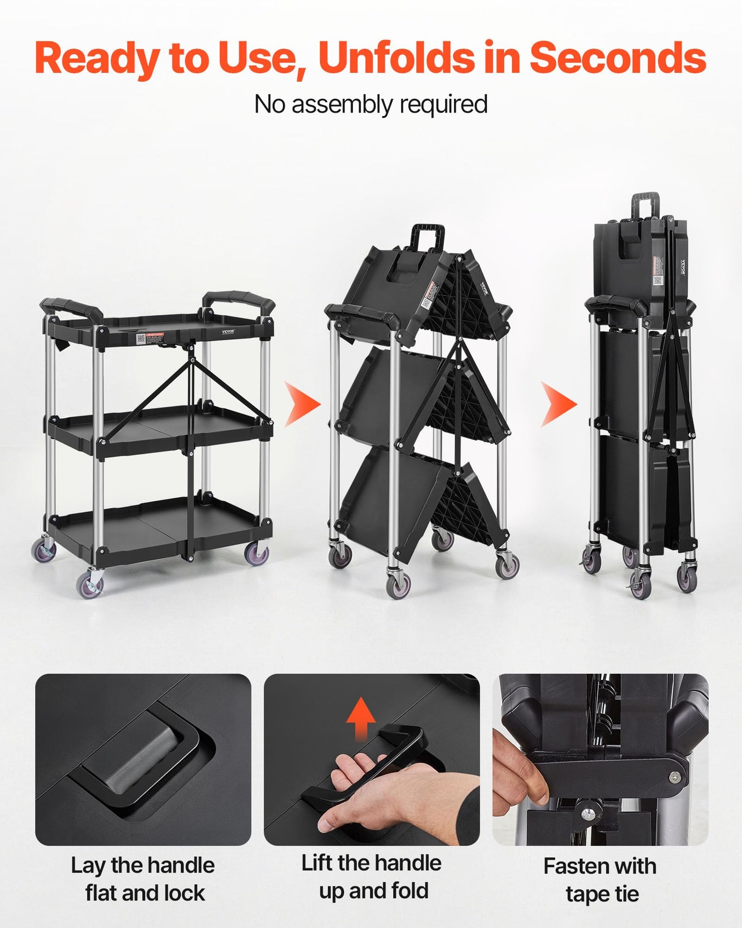 VEVOR Foldable Utility Service Cart, 165LBS 3 Shelf Heavy Duty Plastic Rolling Cart with 360° Swivel Wheels (2 with Brakes), Ergonomic Handle, Portable Garage Tool Cart for Warehouse Office Home