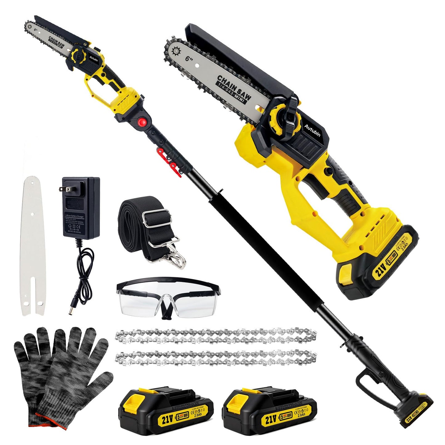 Autubin 2-in-1 Electric Pole Saws for Tree Trimming, 1200W Brushless Cordless Pole Saw & 6 Inch Mini Chainsaw,16 Ft Max Reach & Multi-Angle, Tree Trimmer Branch Cutter Limb Pruner with 2 Batteries
