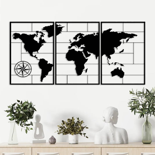 DUOOLN 3-Piece Metal World Map Wall Decor Art, Abstract Minimalist Hanging Sculpture, Travel Enthusiast Gift, Perfect Travel-Themed Artwork, Home Office Hotel Decoration - Black, 33.8“ W x 15.7” H / 86x40cm