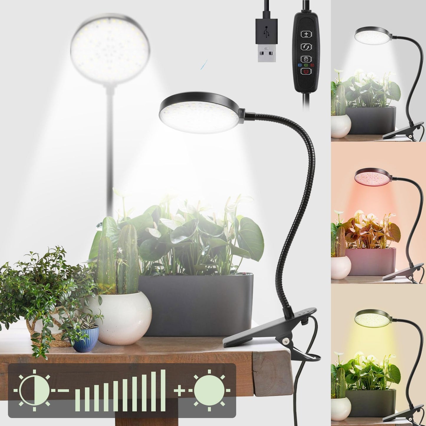 Bufccy Indoor Plant Grow Light, 6000K Full Spectrum LED, Auto On/Off Timer, 9 Dimming Levels, 360 Adjustable Gooseneck, Modern Style, Black