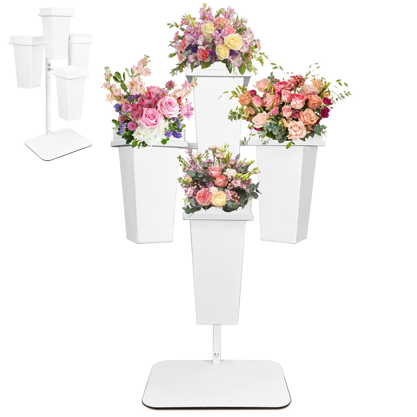 PROLEE Flower Display Stand with Buckets, Wedding Flower Cart Display Stand with Wheels,Flower Stand for Wedding Party, Events and Garden Decor (White)