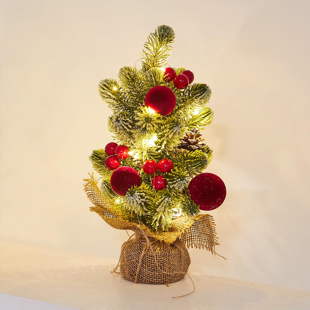 MYELLU Burlap Small Christmas Tree Decor with Lights - Mini Tabletop Artificial Tree Centerpiece for Indoor Home Office Desk Holiday Decorations(Red Ornament)