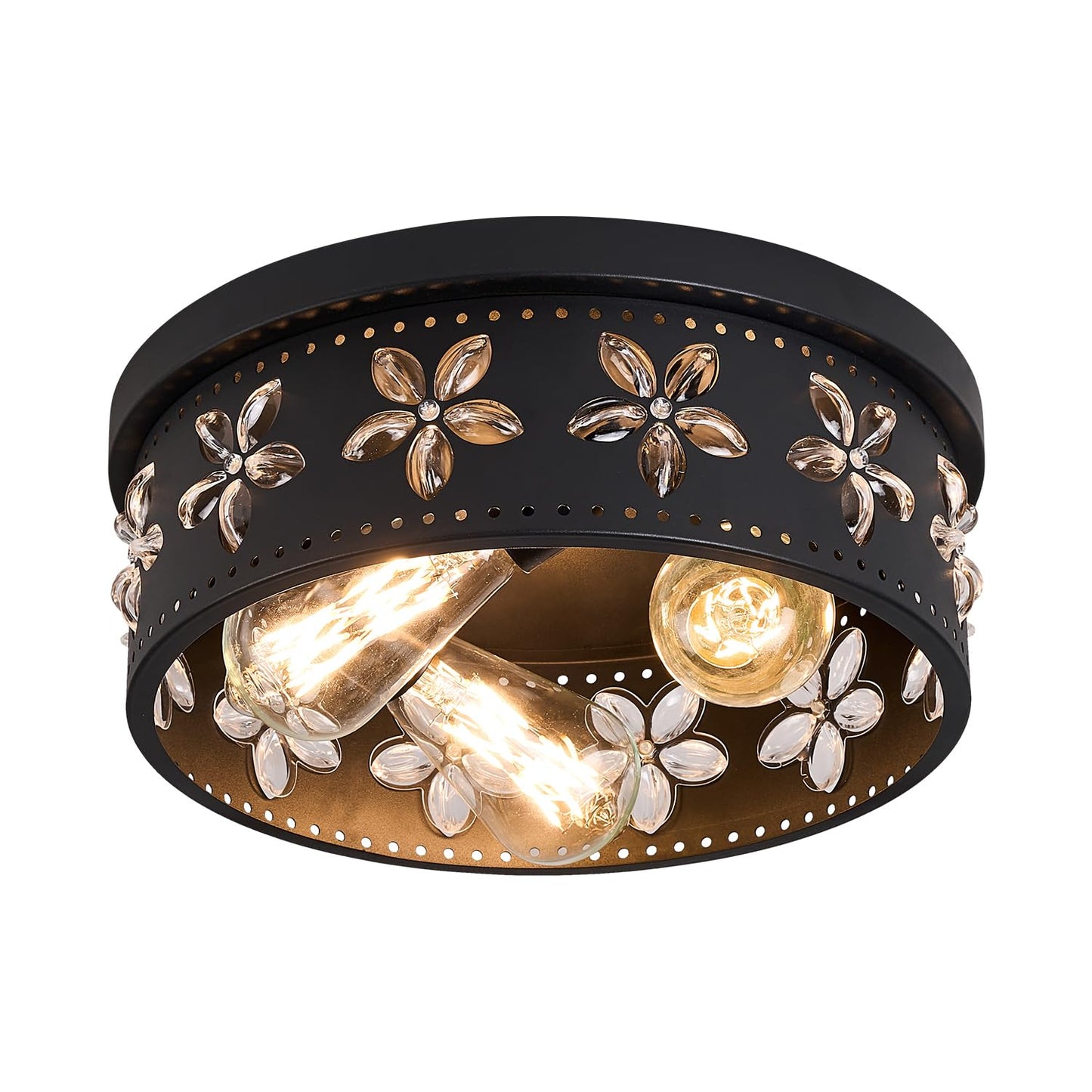 Glintawn 12.6 inch Black Flush Mount Ceiling Light Fixtures, 3-Light Ceiling Mount for Industrial, Crystal Light Fixtures for Farmhouse, Bedroom, Living Room, Kitchen, Hallway and Foyer (1 Pack)