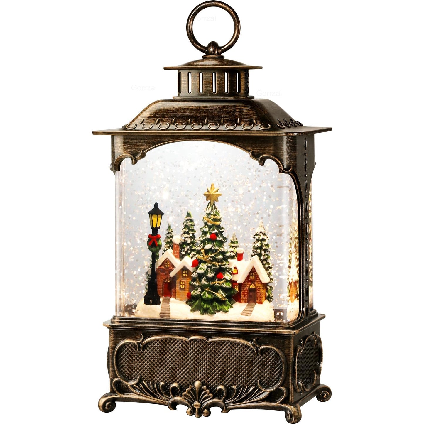 Gorrzai Christmas Snow Globe Lantern with Music Timer Swirling Glitter, Lighted Christmas Decorations Indoor Light Up Musical Lantern Holiday Decor Gift, Forest House Scene, USB or Battery Operated