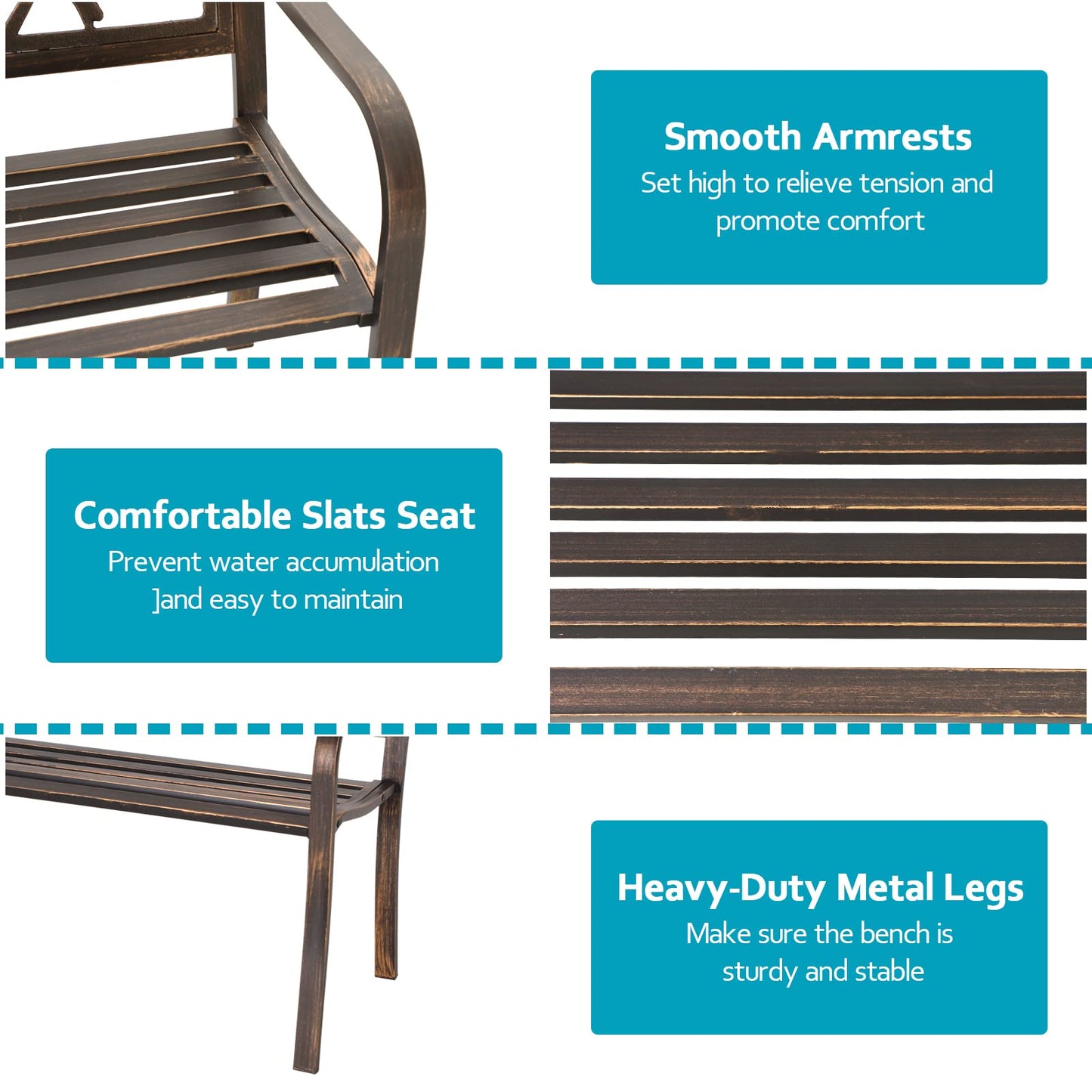 MFSTUDIO 50" Outdoor Garden Bench, Patio Metal Frame Park Bench with Bird Pattern Backrest for Porch, Lawn, Deck(Bronze)