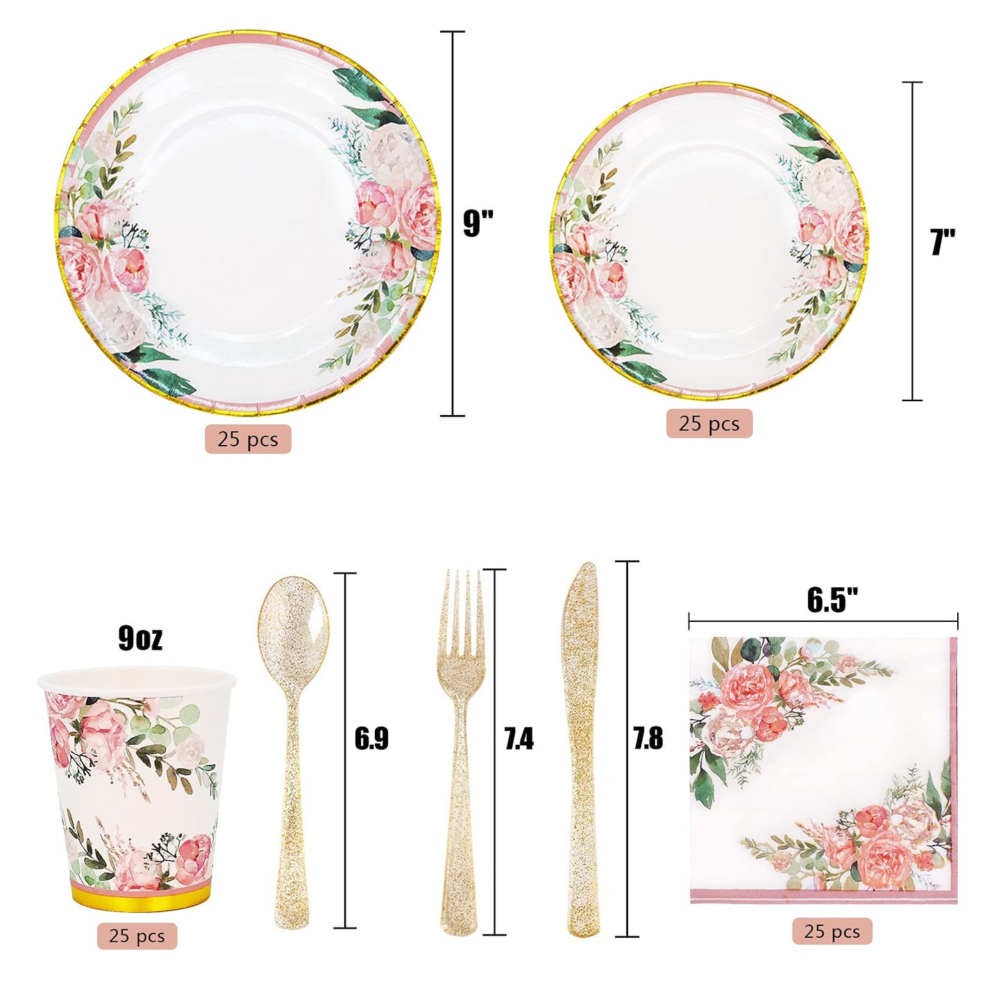 Floral Party Supplies - Bridal Shower Paper Plates & Napkins Set for 24 Guests - Disposable Dinnerware: Plates, Cups, Cutlery for Baby Shower, Tea Party