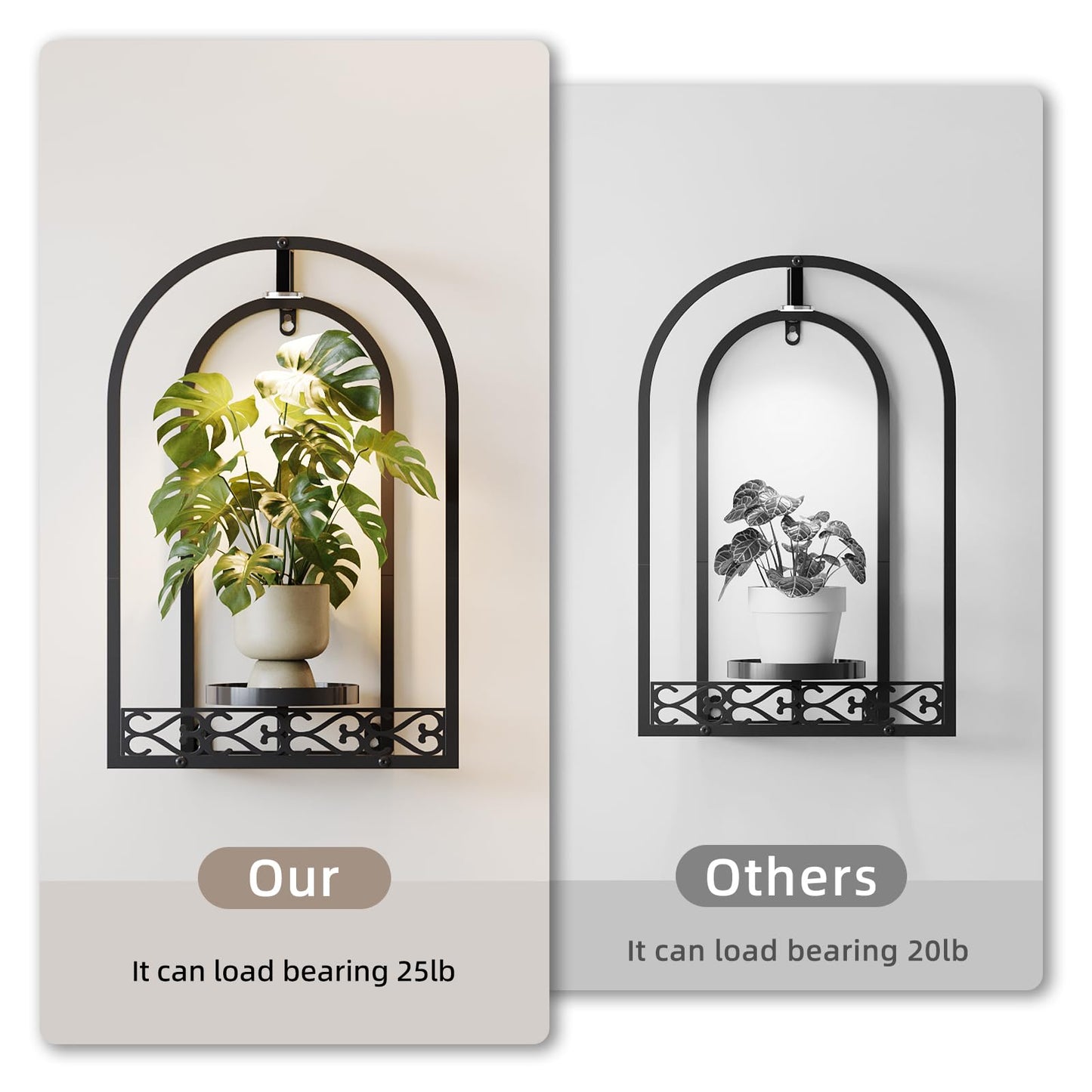Rioneta Wall Planter Holder with Light, Metal Arch Frame Hanging Plant Stand with Grow Lights, Modern Black Iron Wall Decor for Indoor Outdoor Living Room, Balcony & Garden 2 Pack Black