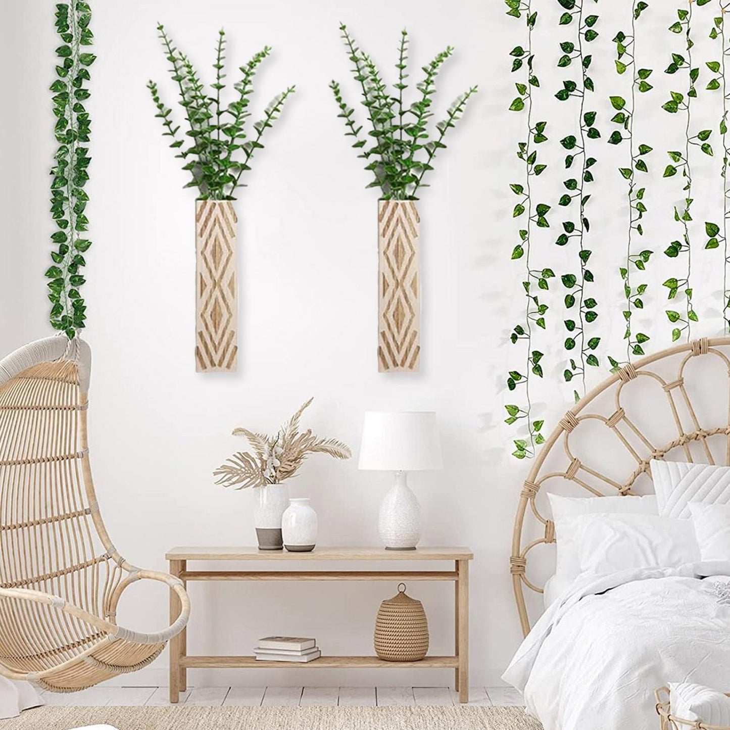 Wooden Wall Vase Set of 3 - Geometric Hanging Planters for Indoor Plants, Modern Wall Decor for Living Room, Bedroom, Bathroom, Home, Office, Apartment, Farmhouse & Boho Style (A)