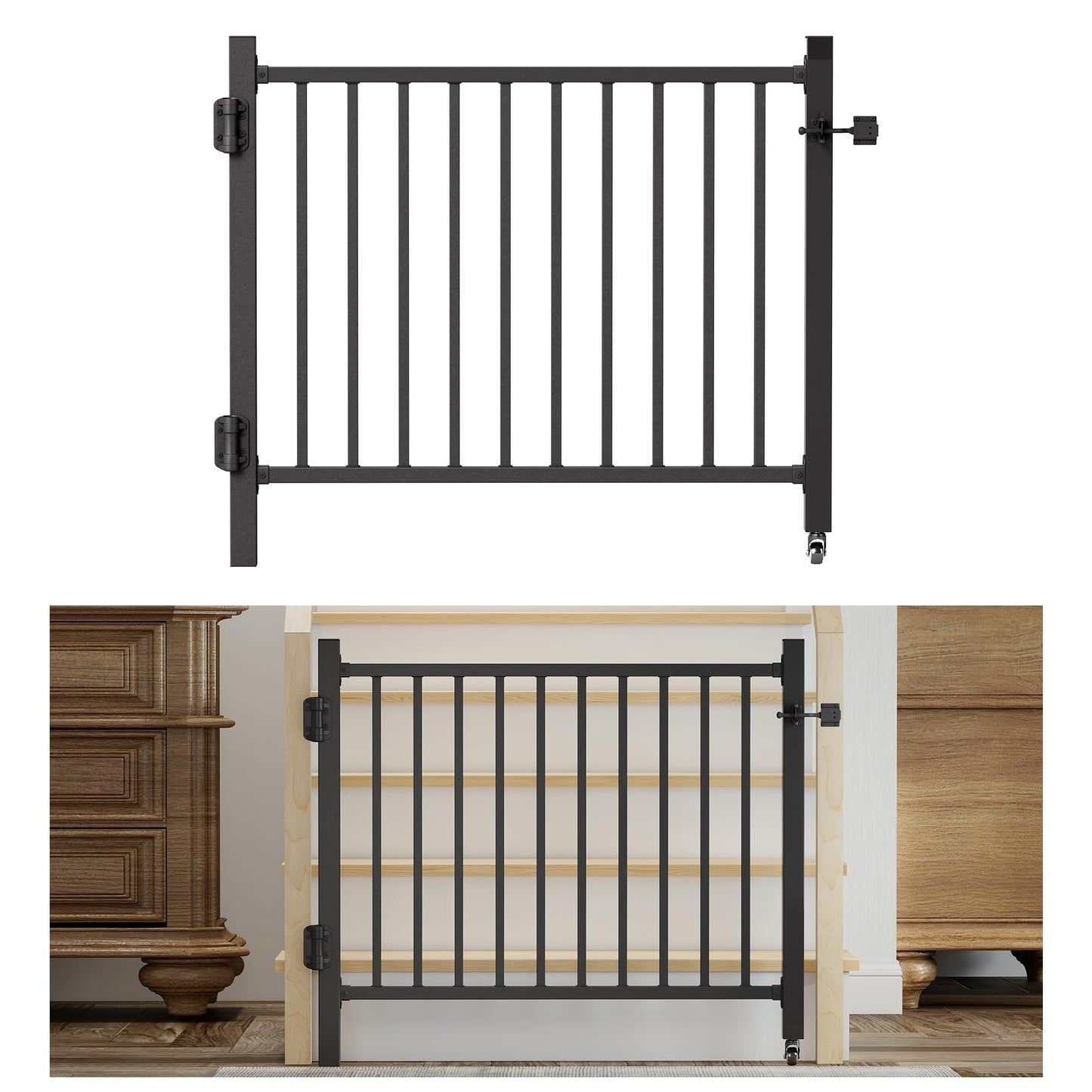 bimiti 36"x 45" Adjustable Aluminum Deck Gate, Outdoor Gate with Wheel Auto Closing Hinges Rustproof Design for Deck Railing Patios, Porch, Garden