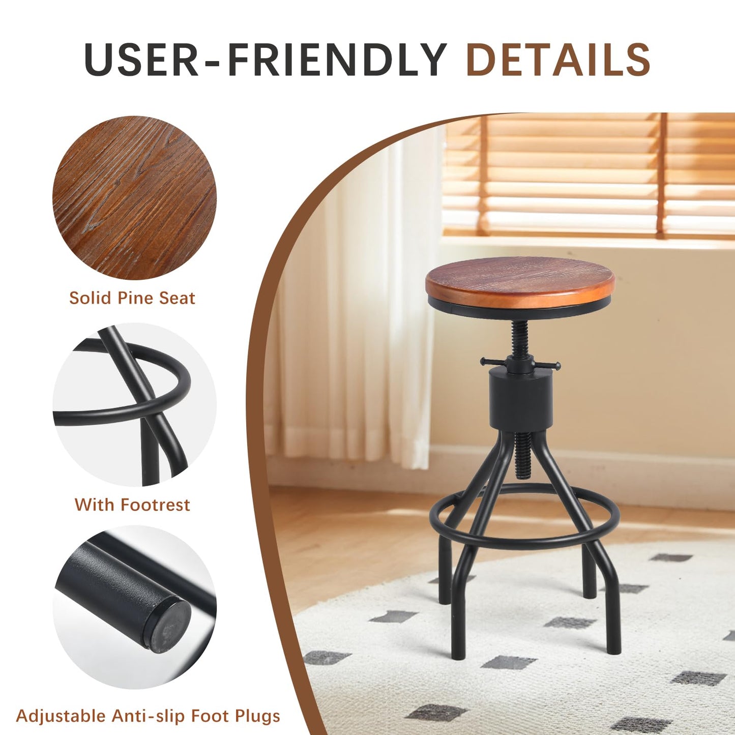 Industrial Bar Stool-Set of 2-Swivel Counter Coffee Chair-Extra Pub Height Adjustable 22-33 inch