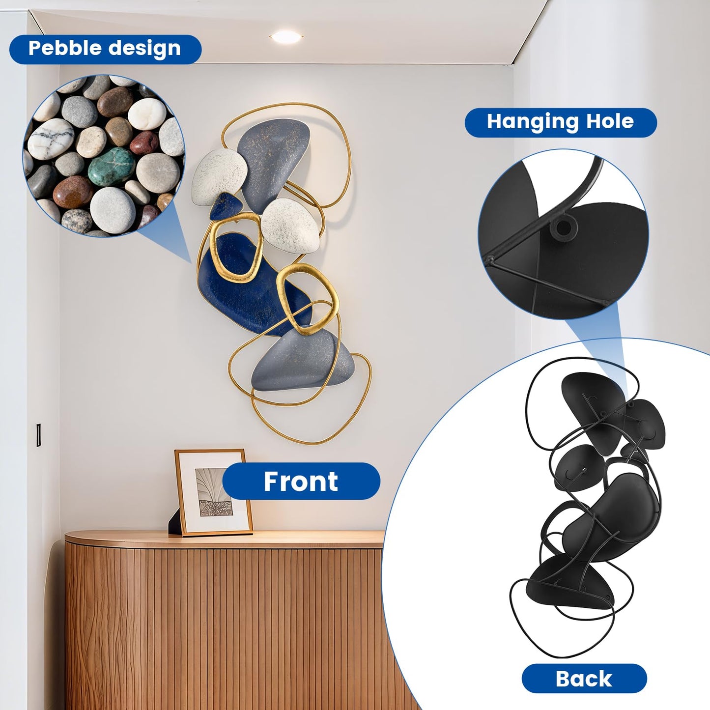 SHERBECK 3D Metal Wall Art Decor Blue Pebble Wall Sculptures Hanging Ornament Modern Abstract for Bedroom Living Room Sofa Background Home Office Kitchen Gold 41.3" L × 19.7" W
