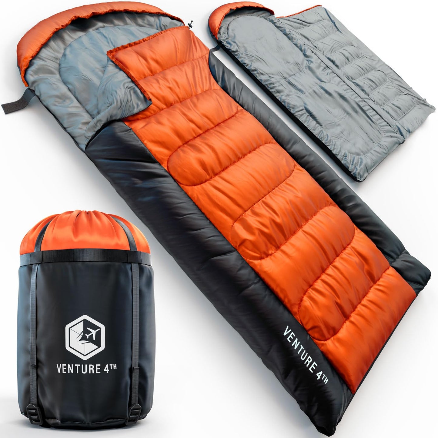 VENTURE 4TH 3-Season XXL Backpacking Sleeping Bag, Camping Sleeping Bags for Adults & Kids - Lightweight, Comfortable, Water Resistant, Ideal for Hiking, Camping & Outdoor – Orange/Black