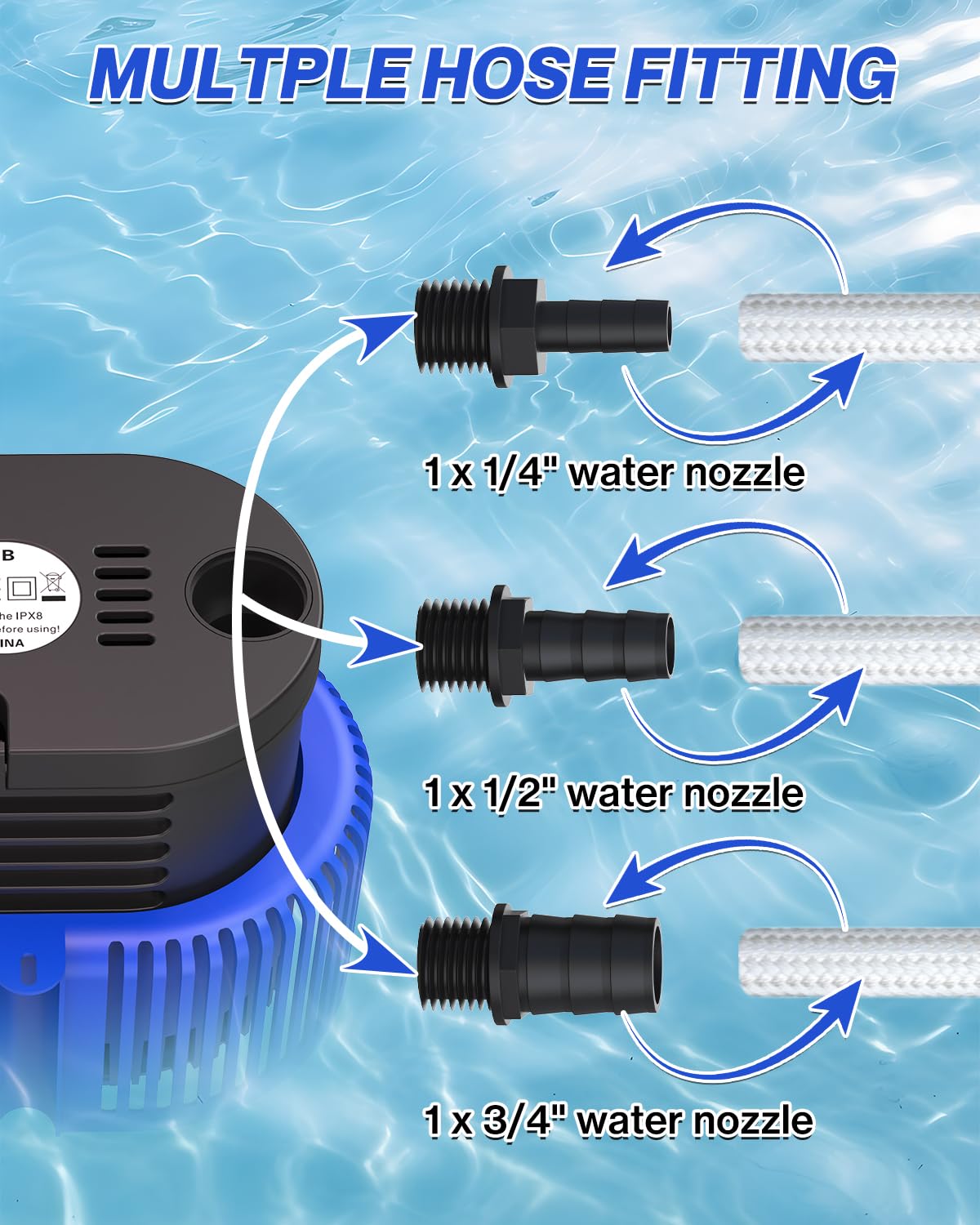 Pool Cover Pump above Ground - Submersible Water Sump Pump Swimming Water Removal Pumps, with Drainage Hose & 25 Feet Extra Long Power Cord, 850 GPH inGround, 3 Adapters