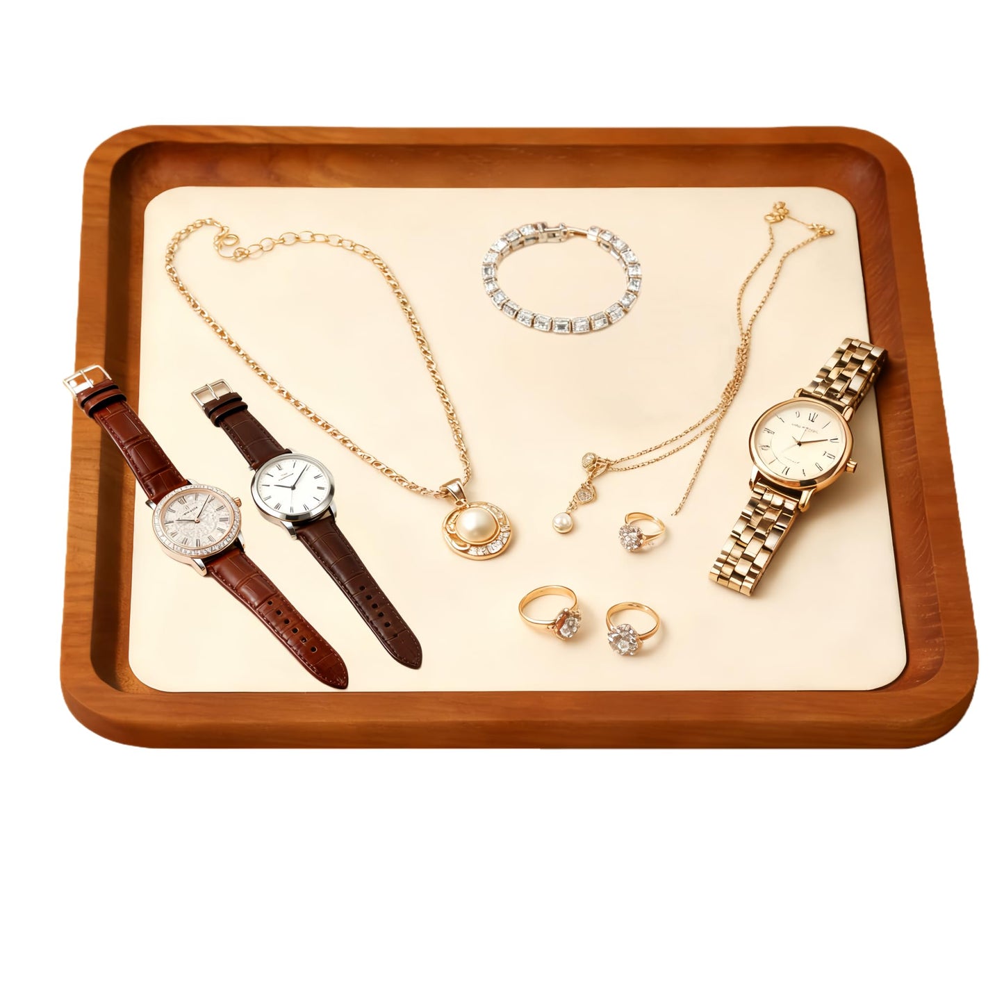 YUQIN Wooden Jewelry Display Tray Rounded Rectangle Ring Showcase Stackable Elegant Bracelet Watch Jewelry Organizer for Personal Use and Commerce (Old Lace, Large-W 7'' x H 0.6'' x L 7.9'')