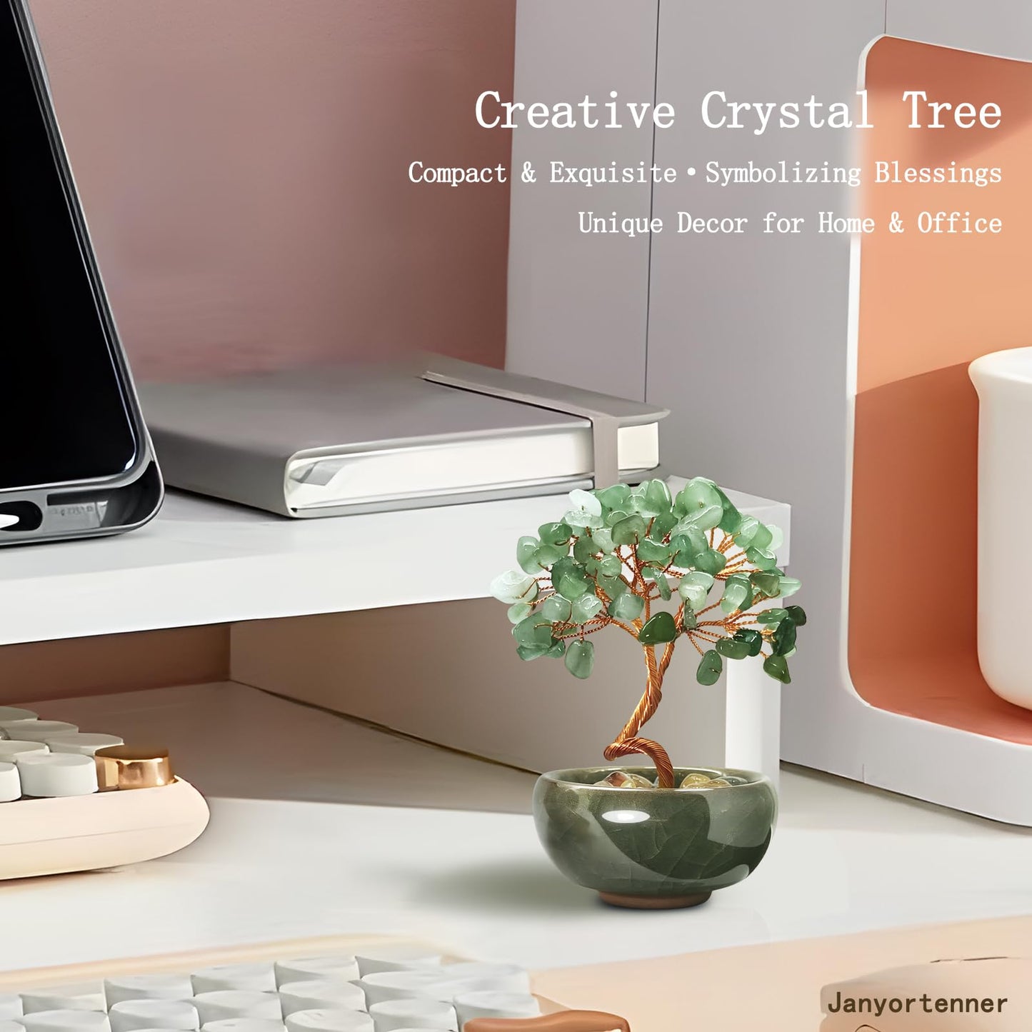 Janyortrenner Green Aventurine Crystal Tree,Harmony Office Desk Home Decor,Vitality Gift with Copper Wire in Ceramic Base