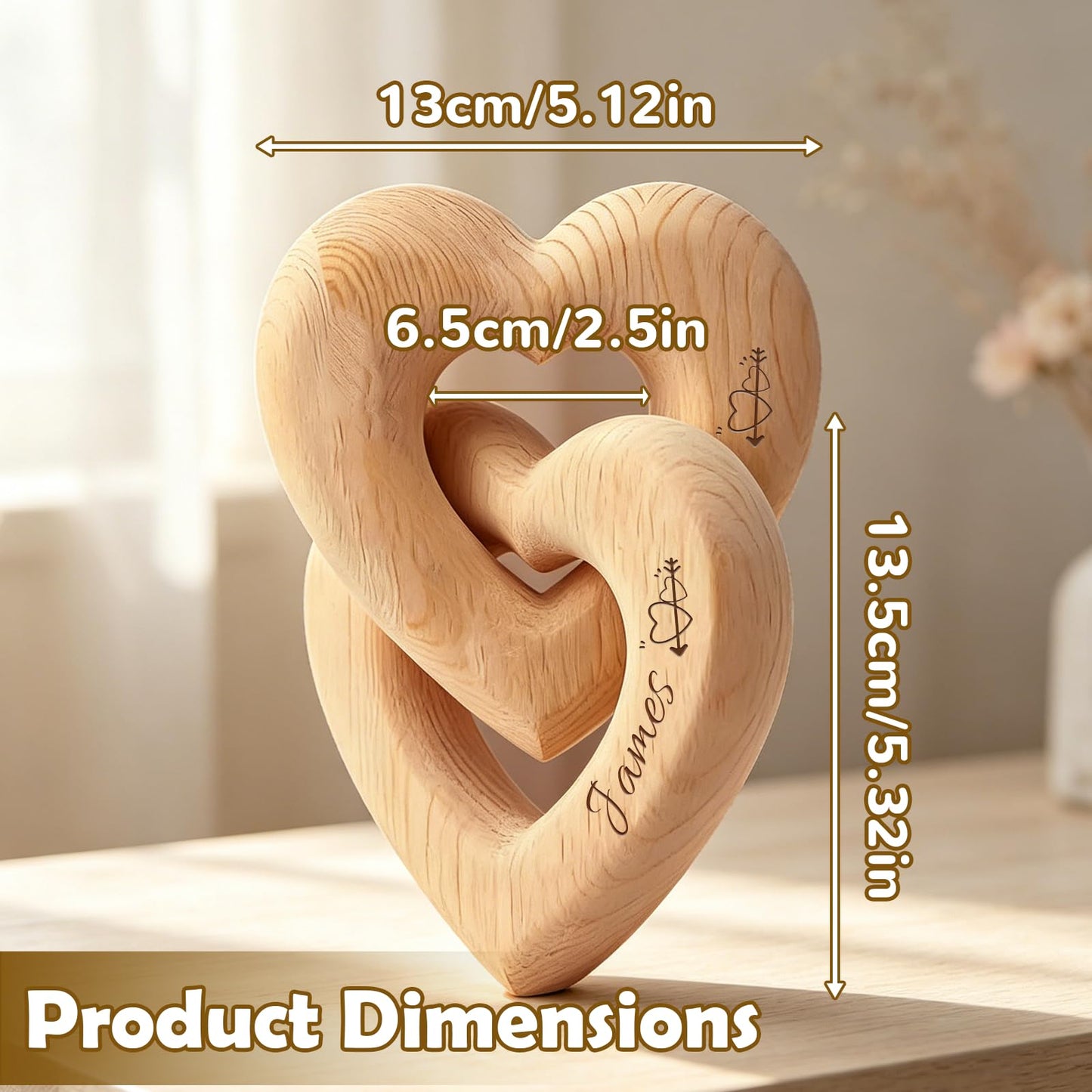 Personalized Wooden Hearts with Names – Infinity Heart Sculpture, Custom Laser Engraved Wooden Hearts for Couples, Romantic Wedding & Anniversary Keepsake, Sentimental Home Décor Accents