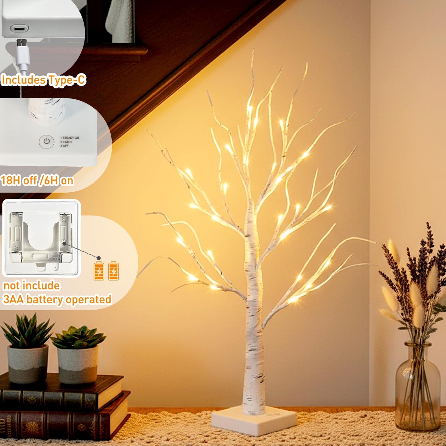 EAMBRITE Home Decorations Light Up White Birch Tree Indoor Christmas Decor, 4 Pack Battery Operated/USB Lighted Tabletop Money Tree Lamp Led Lights Xmas Wedding Centerpiece Table Room (2 Ft)