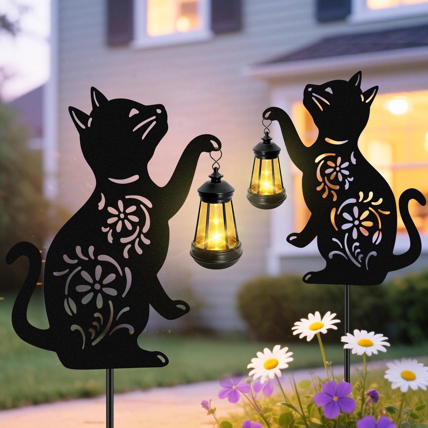 Solar Cat Hanging Lantern Outdoor, 2 Pack Black Cat Solar Lights, Cat Lover Gifts for Women Mom Grandma Birthday Mother's Day, Waterproof Garden Ornaments Decor Outside Backyard Patio Pathway