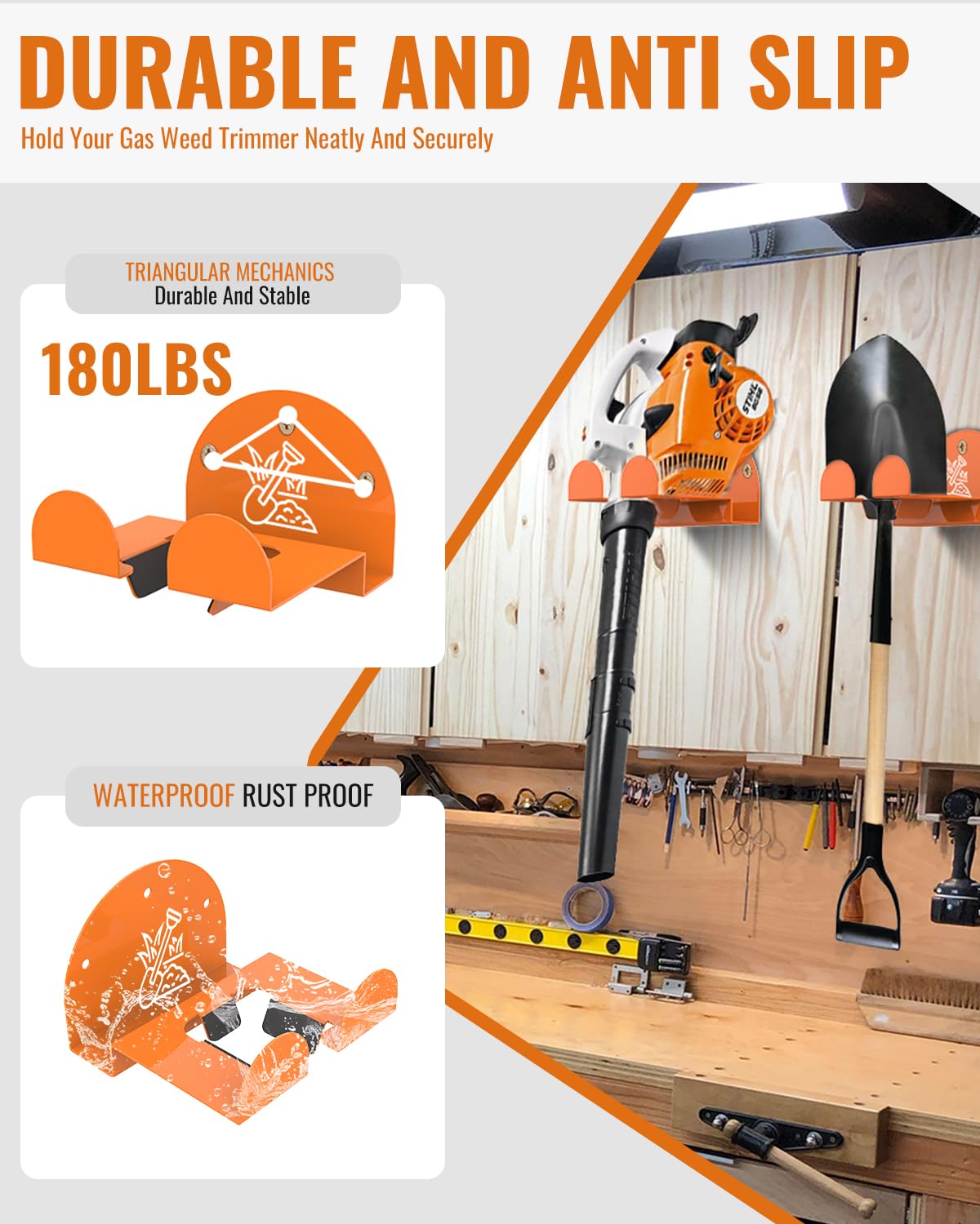 Weedeater Rack & Snow Shovel Hanger - 4 Pack - 180LB Heavy-Duty Alloy Steel Wall Mount Set for Winter Gear, Stihl Power Tools, Grass Trimmer, Garden Tools, Space-Saving Storage for Garage, Shed