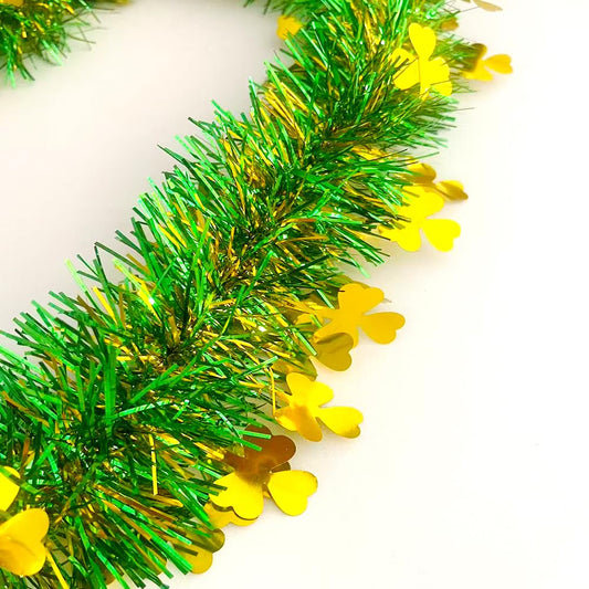 66 Ft St.Patrick's Day Tinsel Garland Decorations Shiny Thick Green Garland with Gold Shamrock Design Irish Holiday Clover Hanging Decor for Home Indoor Outdoo Saint Patrick's Day Party Supplies