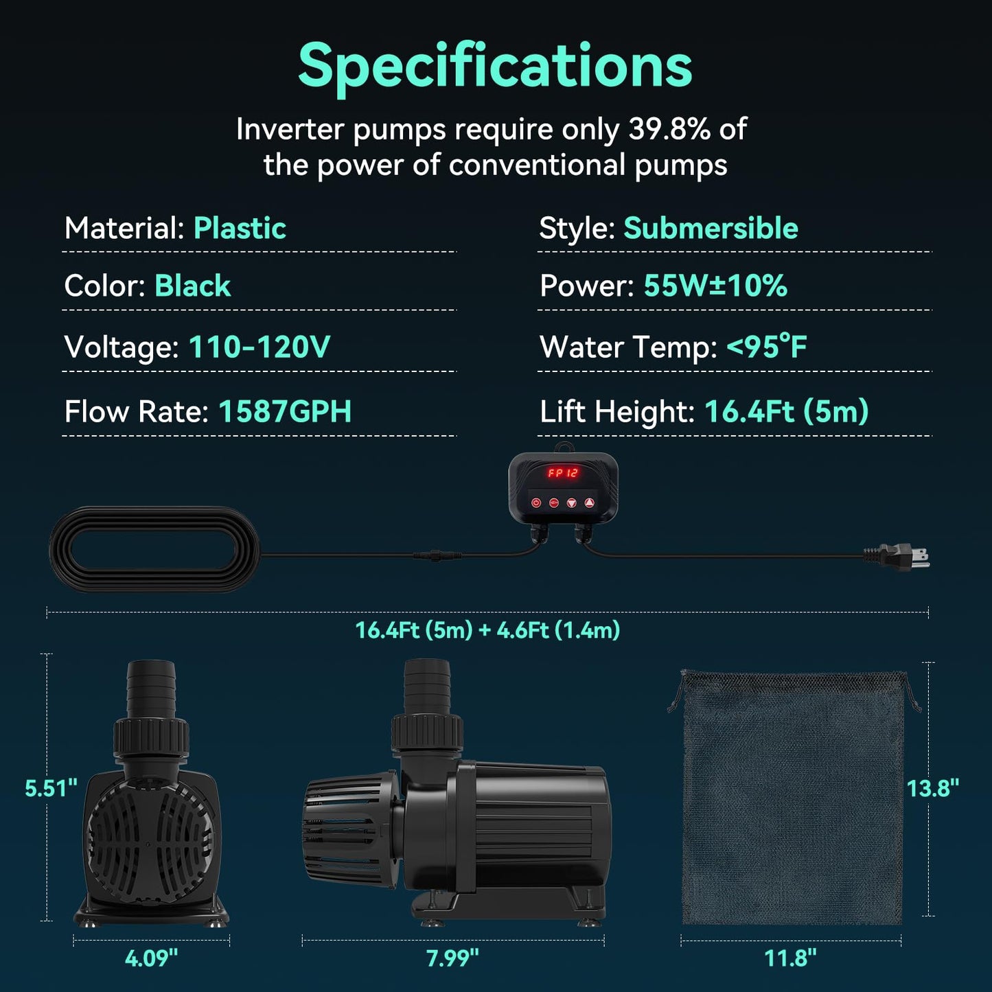1587 GPH Pond Pump, 55W Submersible Water Pump with Control Panel, 16.5FT. Lift Height for Koi Pond Pool, Waterfall, Fish Tank, Aquarium, Hydroponic, Ultra Quiet, Barrier Bag & 16.5FT Power Cord