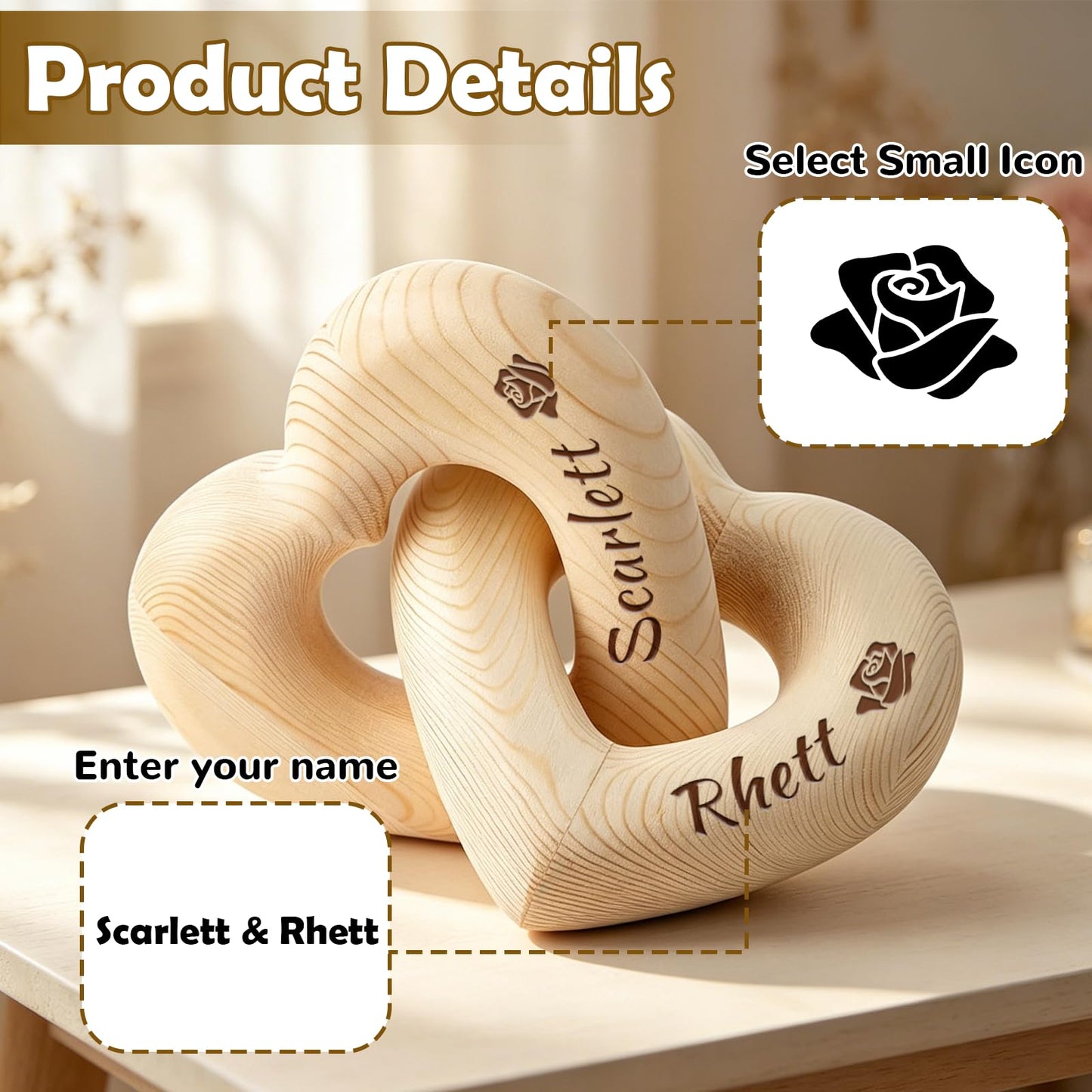 Personalized Wooden Hearts with Names – Infinity Heart Sculpture, Custom Laser Engraved Wooden Hearts for Couples, Romantic Wedding & Anniversary Keepsake, Sentimental Home Décor Accents