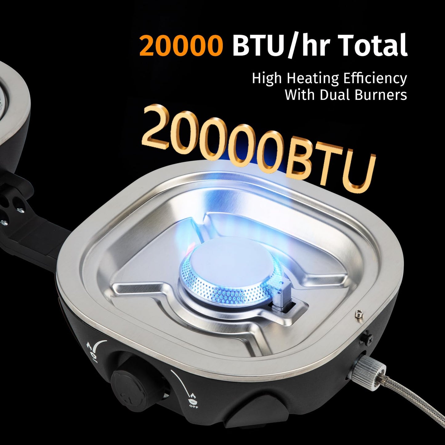 INFOOD Propane Camping Stove 20,000 BTU - Portable 2 Burner Gas Stove with Adjustable Flame Control, Piezo Ignition, Carry Bag & Propane Adapter Hose, Folding Design for Camp, BBQ, Tailgating, Black
