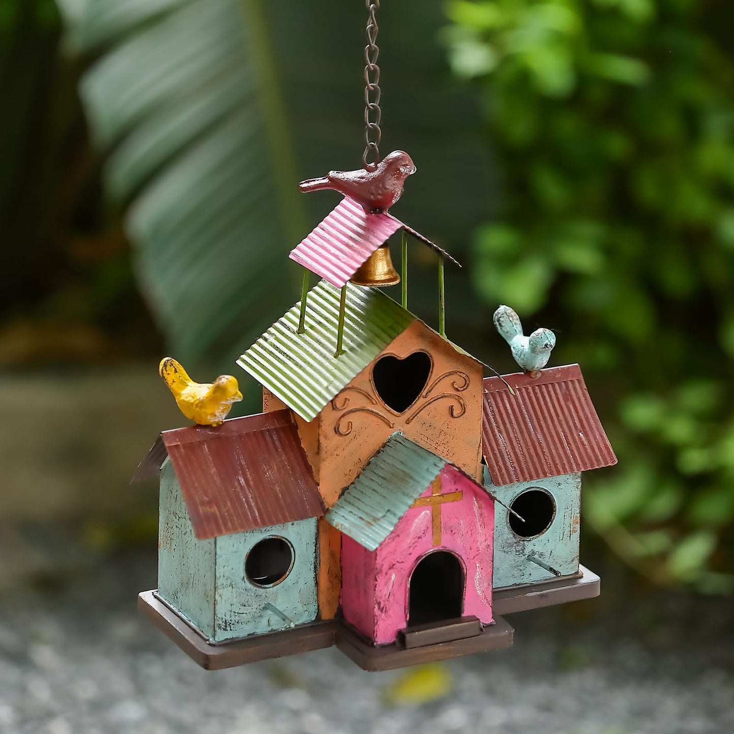 MOCOME Large Bird Houses for Outside Hanging, 4 Hole Outdoor Bird House with Bell, Easy Clear, Colorful Metal Bird Houses for Outside.