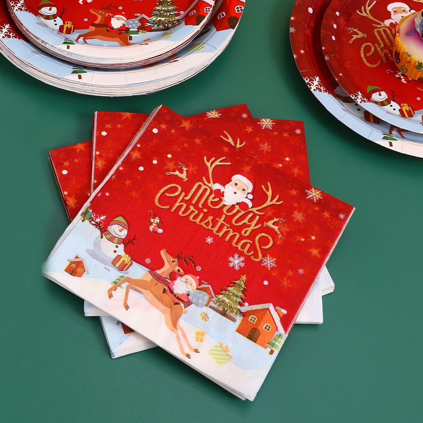 LOOWVY Christmas Paper Plates and Napkins Set, Christmas Plates Cups Napkins Forks Tablewares Party Supplies Serve 24