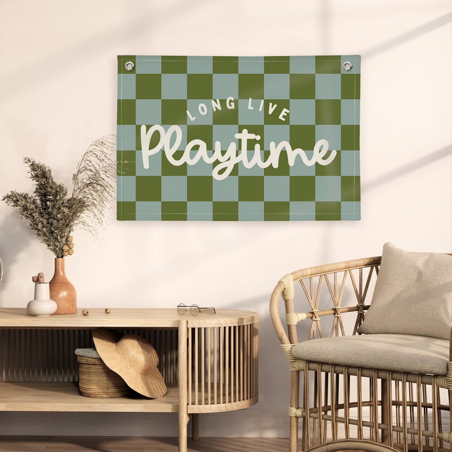 XYDEG Playroom Decor Long Live Playtime Banner, Green And Blue Checkered Pattern Banner Linen Hanging Banner Flag for Nursery Toddler Room, Boys Girls Kids Room Decor,Classroom Decorations 30x20