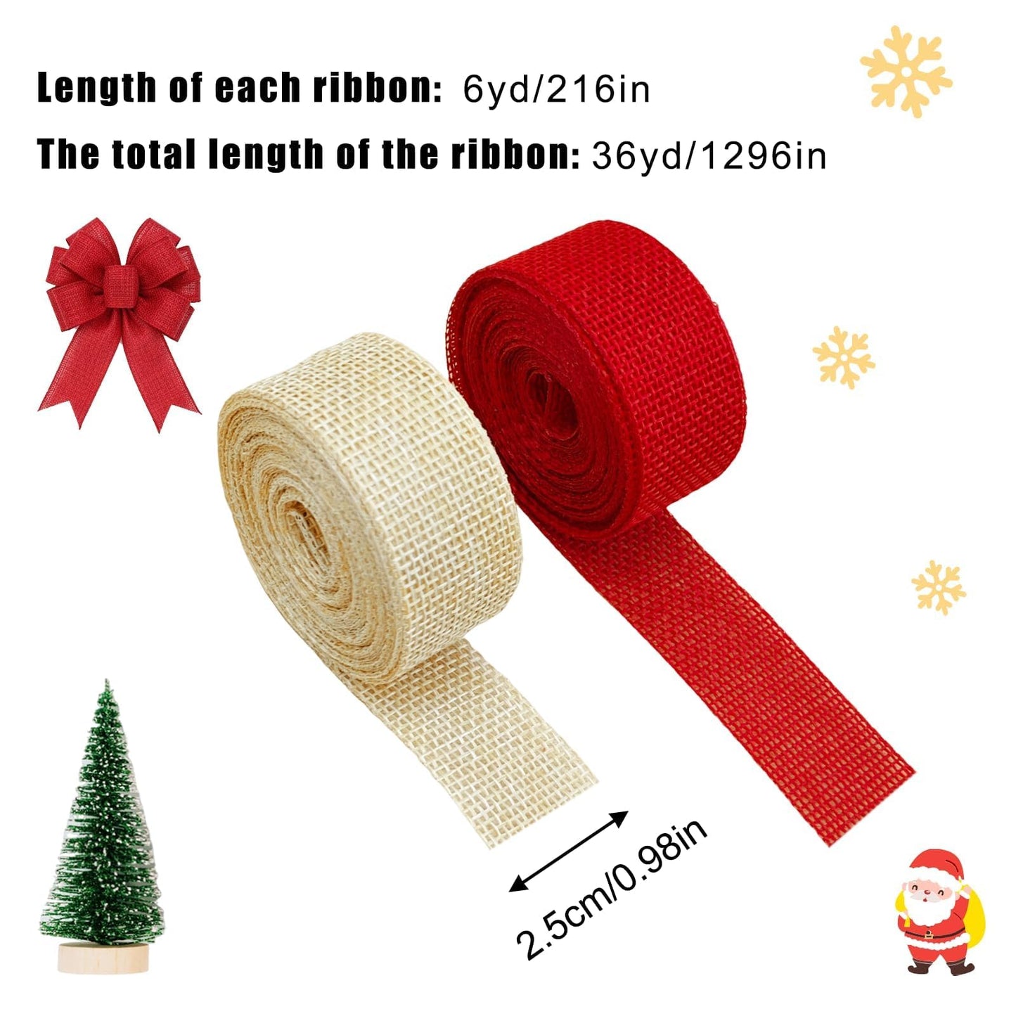 6 Rolls 36 Yards Plaid Ribbon for Gift Wrapping 1 Inch Christmas Burlap Ribbon Rolls for Wreath Bow Gift Decorations