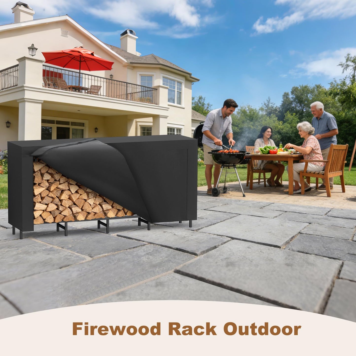 Kratonix 5.3Ft Firewood Rack Outdoor with Cover,Heavy-Duty Metal Indoor Wood Storage Rack,Firewood Holder for Fireplace,Fire Pit,Patio,Space Saving,Easy Assembly,Black