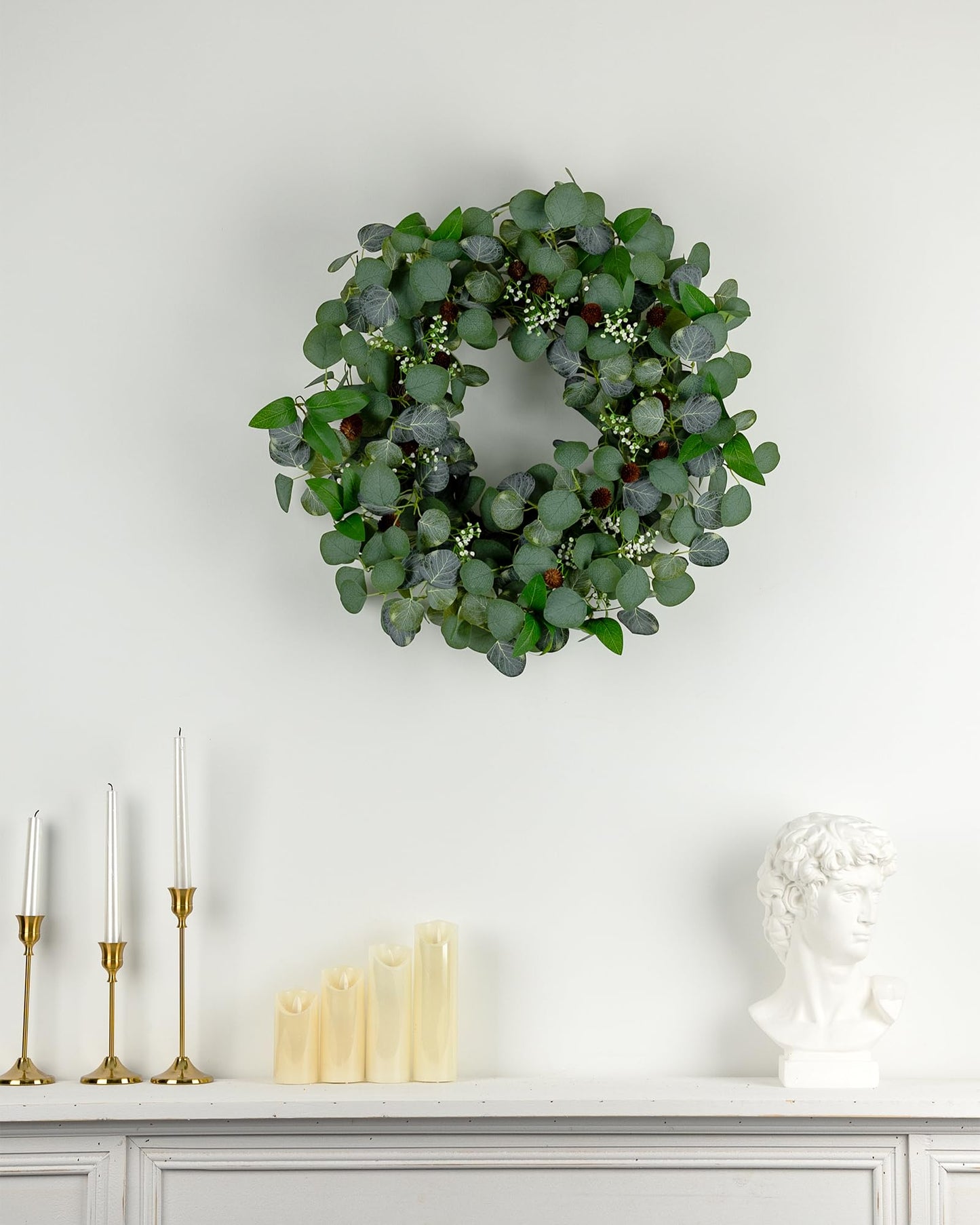 YUGALI 24" Spring Summer Eucalyptus Wreaths for Front Door, Artificial Silk Green Silver Dollar Eucalyptus Olive Leaves with White Berry Pinecone Accents Farmhouse All Seasons Outdoor Home Decor