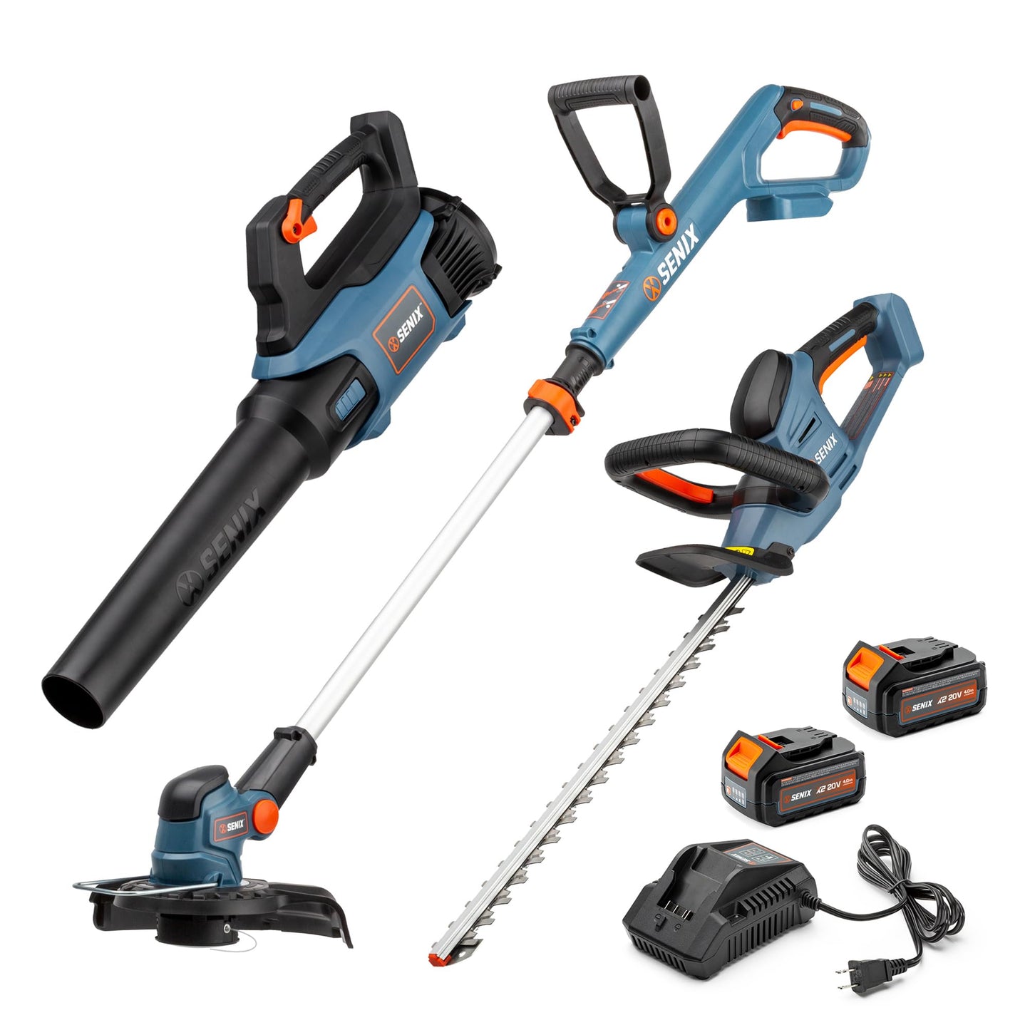SENIX X2 20 Volt Max* 3-Piece Cordless Power Tool Combo Kit with Battery Powered 10" String Trimmer, Variable Speed Leaf Blower, 21" Hedge Trimmer, Includes 2 Batteries & Battery Charger (S2K3B2-01)