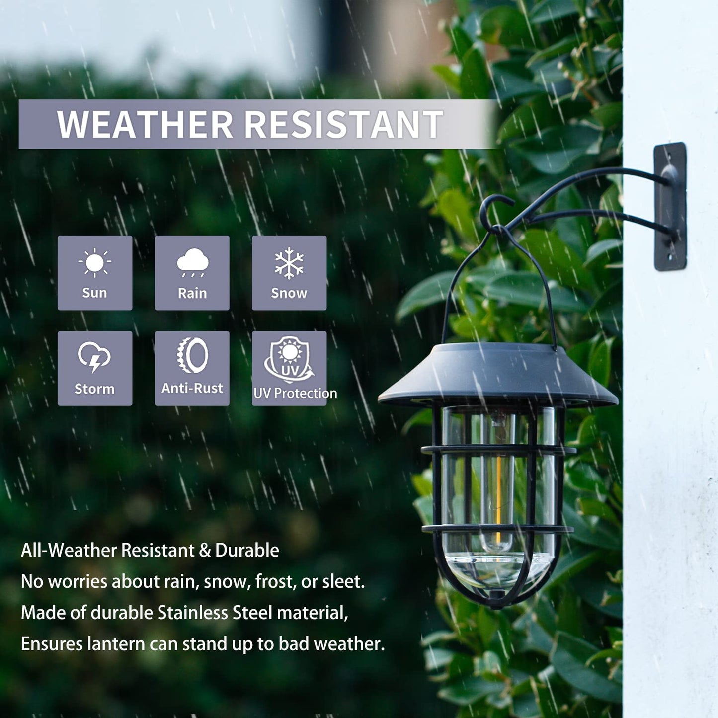 Solar Lantern Hanging Solar Lights Outdoor, Waterproof Metal Wall Lantern with Hooks, Outdoor Wall Lights for Porch, Patio Yard Garden Decor, No Wiring Required, 2 Pack
