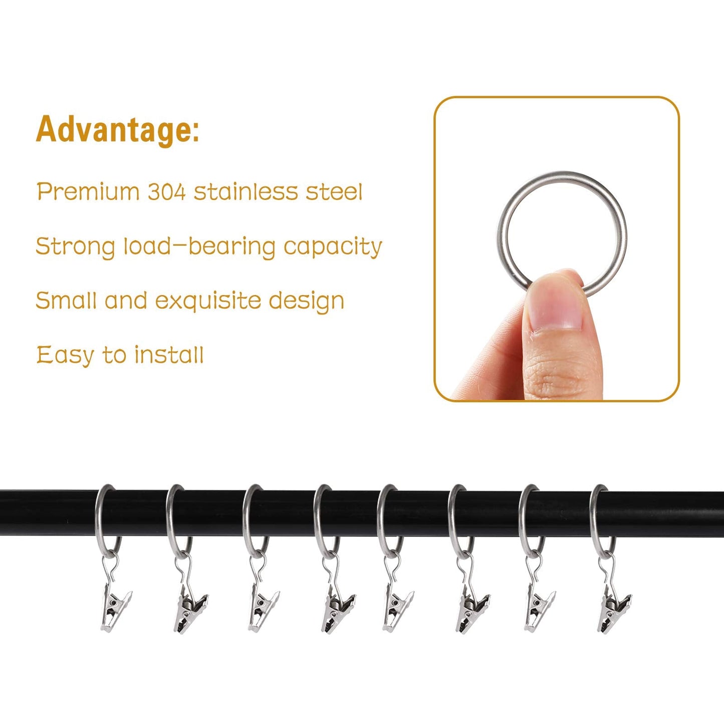 Lansian 20pcs Rustproof Drapery Matte Stainless Steel Metal Curtain Rings with Clips,Tension Curtain Hangers Clips, Decorative Curtain Rod Window, Matte Silver (1" Interior Diameter)
