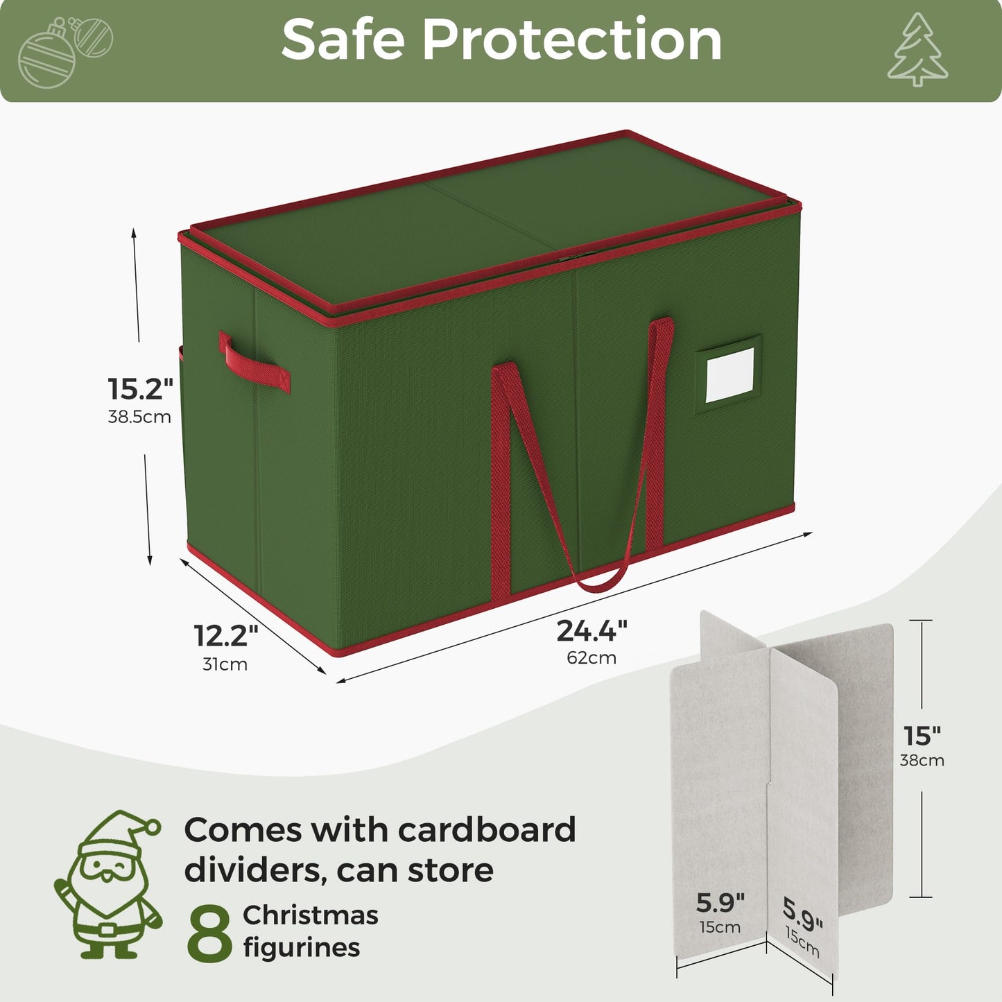 Christmas Figurine Storage Box for 15-Inch Figurines and Nutcrackers, Holiday Decor Organizer with Adjustable Dividers, 8 Slots and 2 Pockets, Dual Zippers, 600D Oxford, 24.8"x12.2"x15.2" ,Green