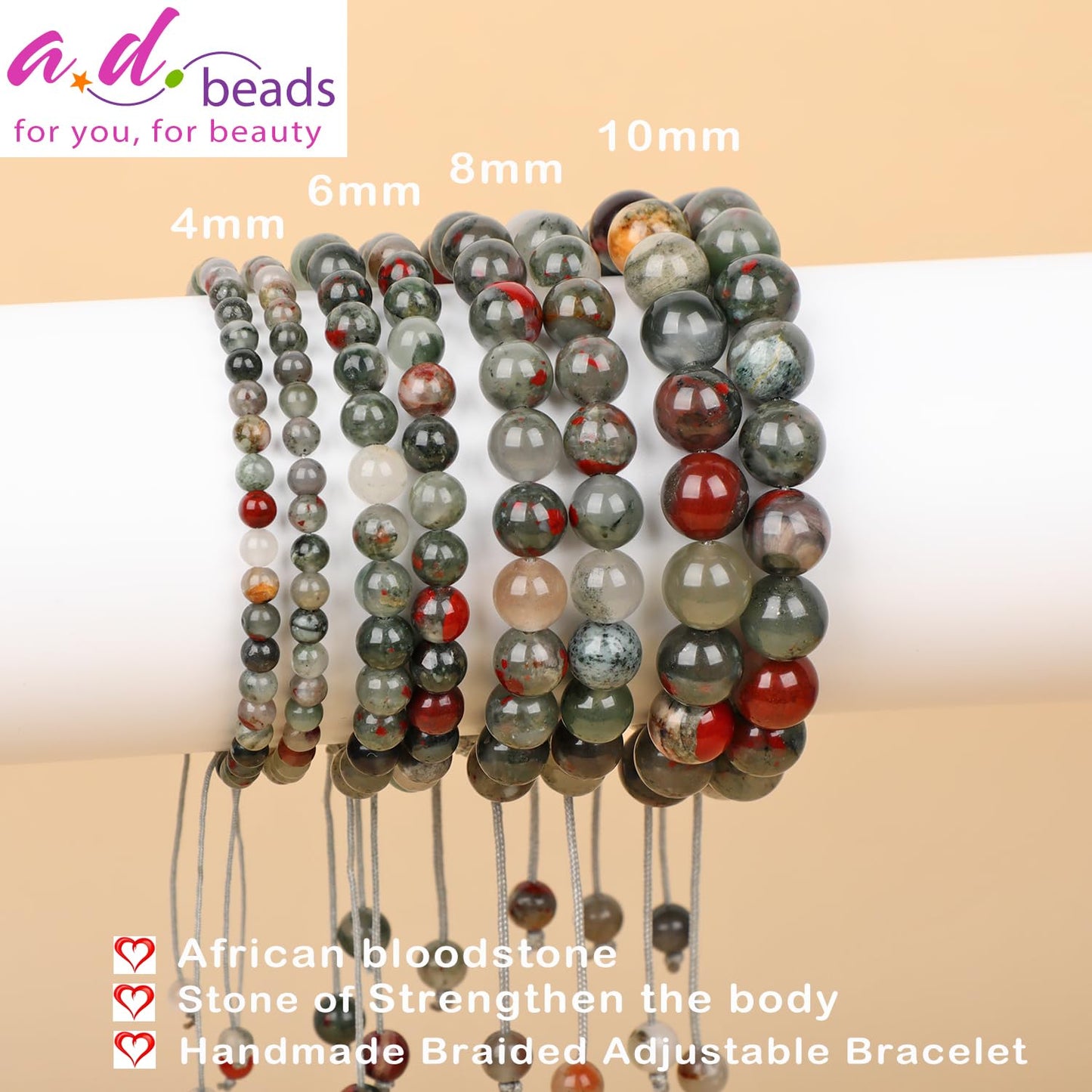 AD Beads 8mm African bloodstone - Strengthen the body - Handmade Natural Stone Crystal Bracelet with Adjustable Macrame String - Yoga Healing Power Energy Gifts for Men and Women