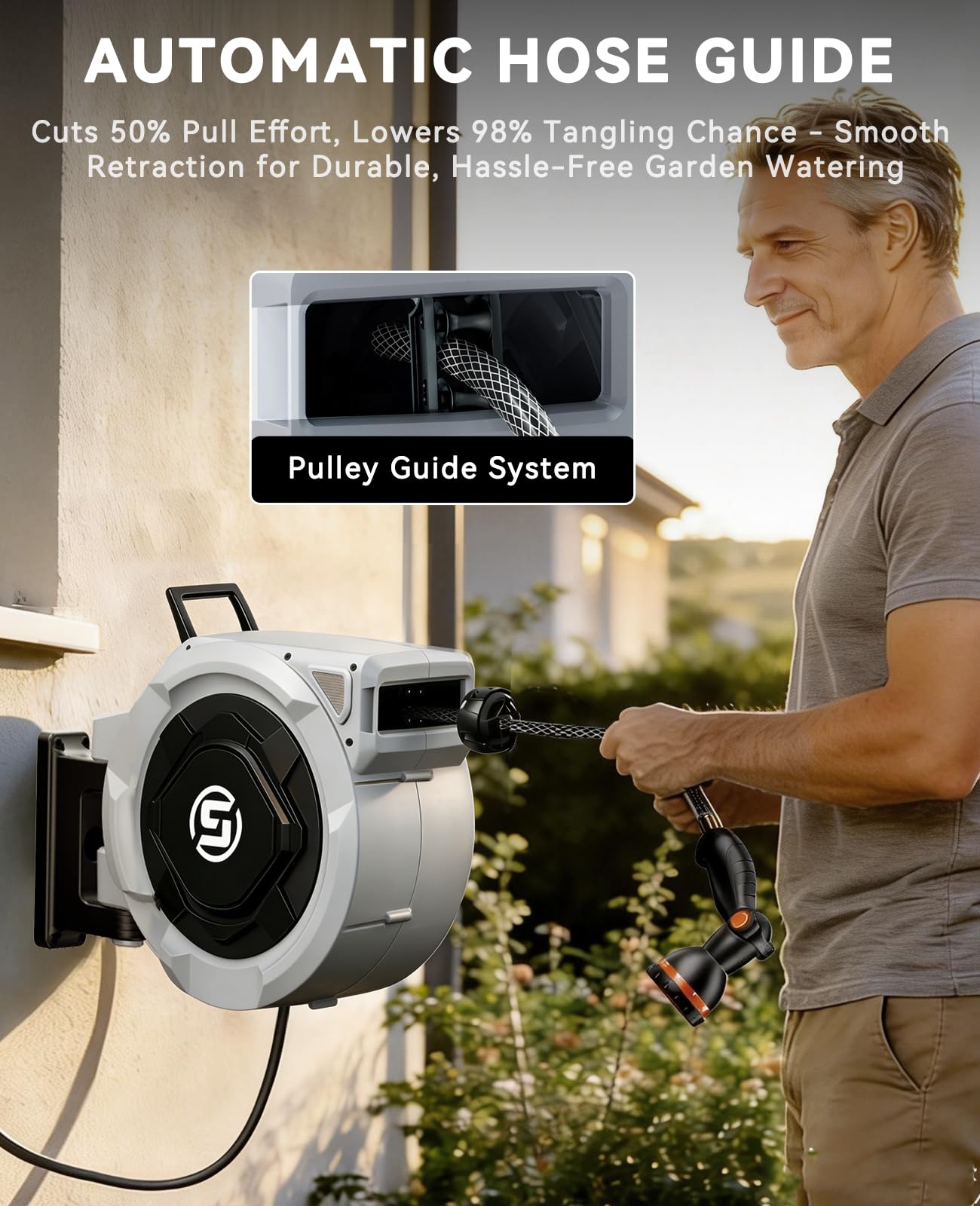 SUNPOW Retractable Garden Hose Reel - 5/8in x 100ft Heavy Duty Wall Mounted Hose Reel with 3/4in Brass Fitting & 10 Function Nozzle - Any Length Lock, Auto Rewind System, 180°Swivel Bracket - Gray