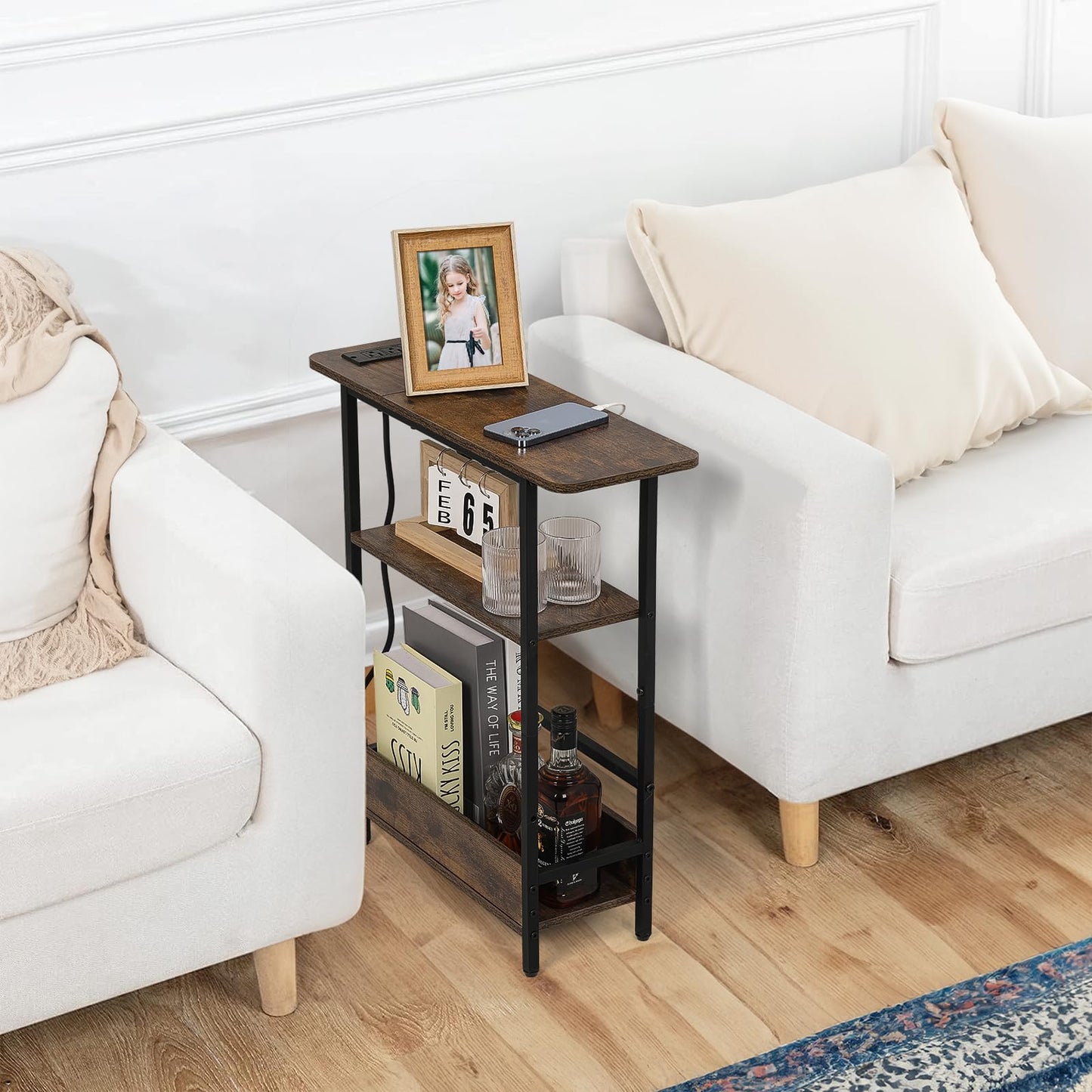 Narrow Side Table with USB-C Charging Station, 3-Tier Slim End Table with Magazine Holder, Modern Thin Side Table for Couch or Small Spaces, Skinny Nightstand for Living Room or Bedroom