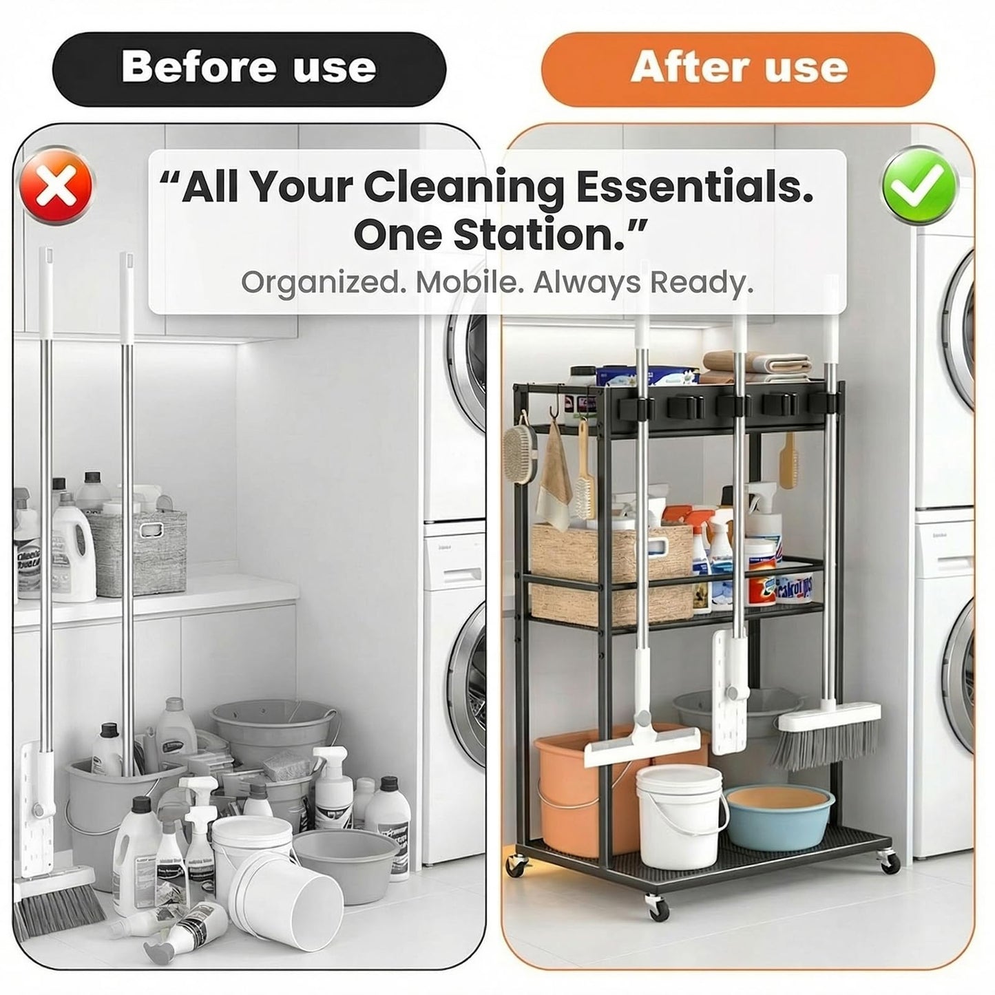 Multifunctional Mobile Cleaning Station, Rolling Cleaning Cart and Cleaning Tool Station with 5 Mop Grippers, 6 Hooks for Laundry Room, Kitchen, Garage, Garden and Pool Area Cleaning Storage
